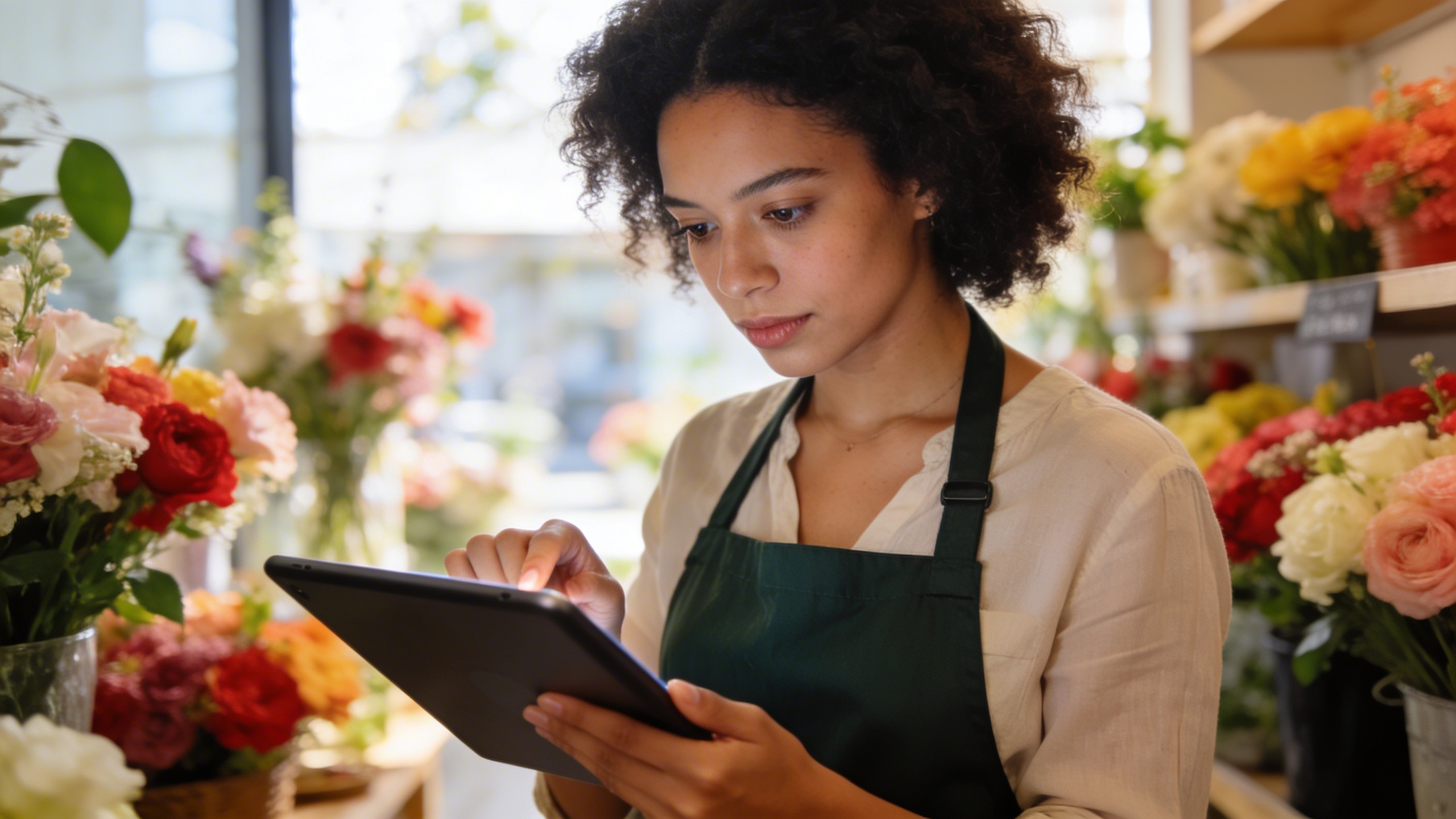 Gros plan d'une fleuriste concentrée, utilisant une tablette pour gérer les commandes en ligne de sa boutique de fleurs artisanale, avec des fleurs fraîches en arrière-plan, lumière du jour, style photo éditorial.