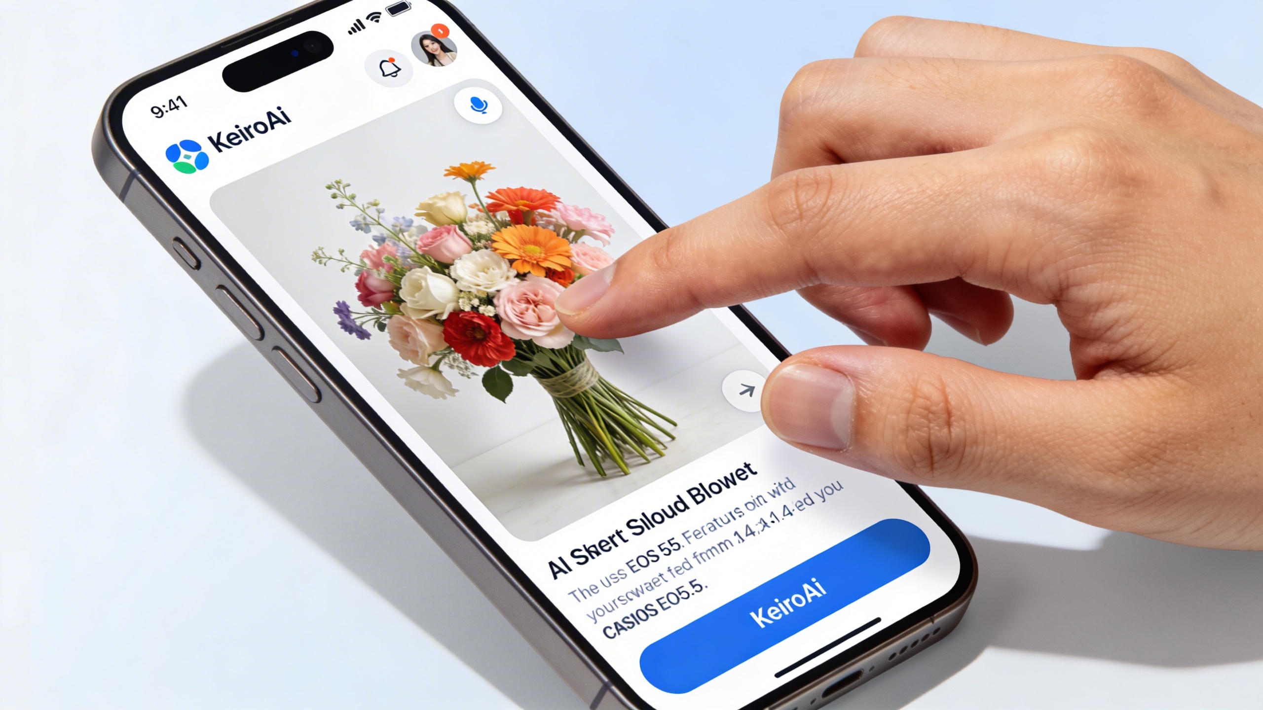 Gros plan d'une main manipulant un smartphone affichant des images de bouquets de fleurs générées par intelligence artificielle, avec une interface utilisateur intuitive de KeiroAI, dans un environnement lumineux et moderne, style photo réaliste.