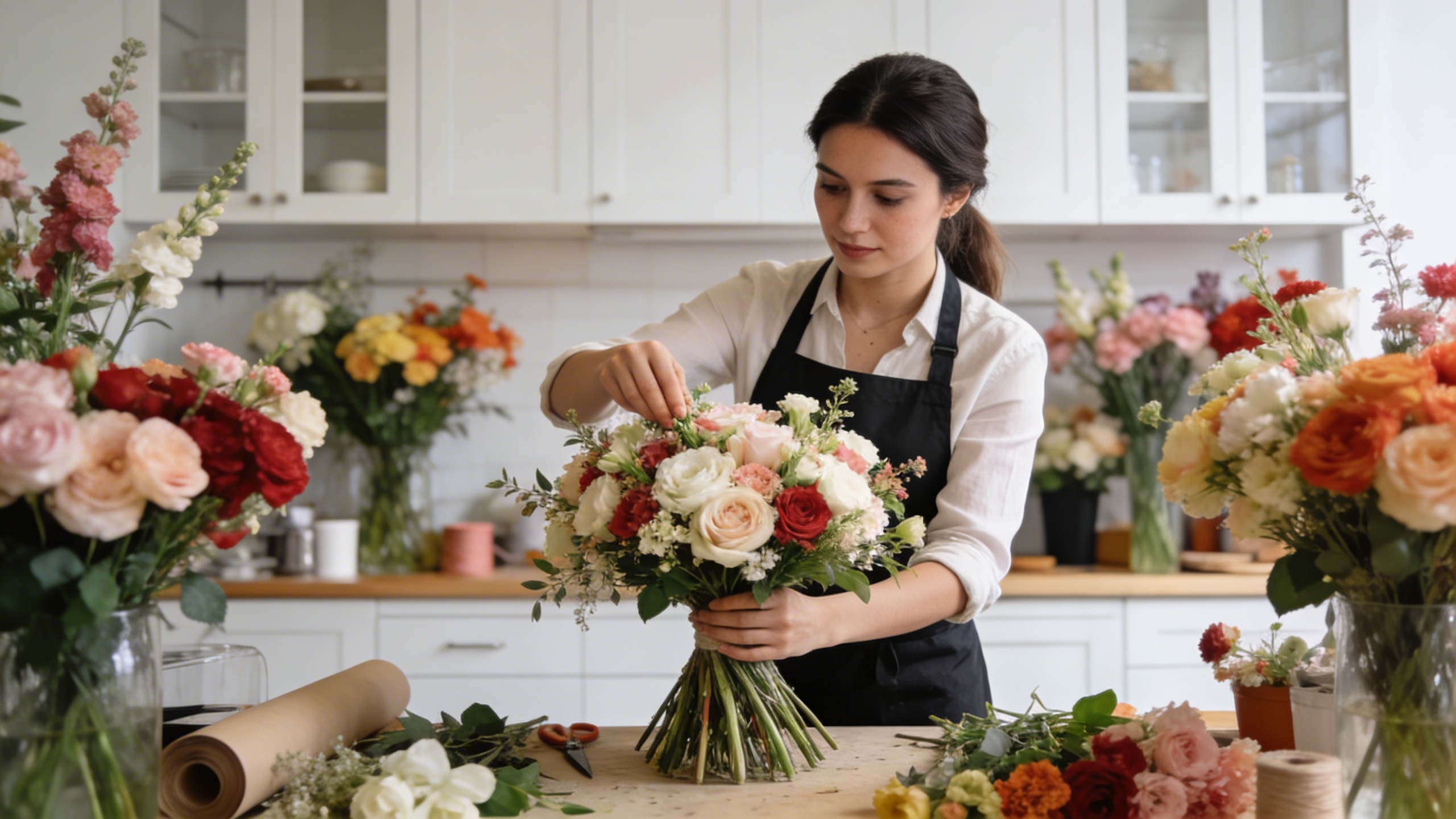 Femme fleuriste créant un magnifique bouquet de mariage dans son atelier lumineux et moderne, avec des fleurs fraîches de saison, style photo éditorial magazine, ambiance chaleureuse et professionnelle.