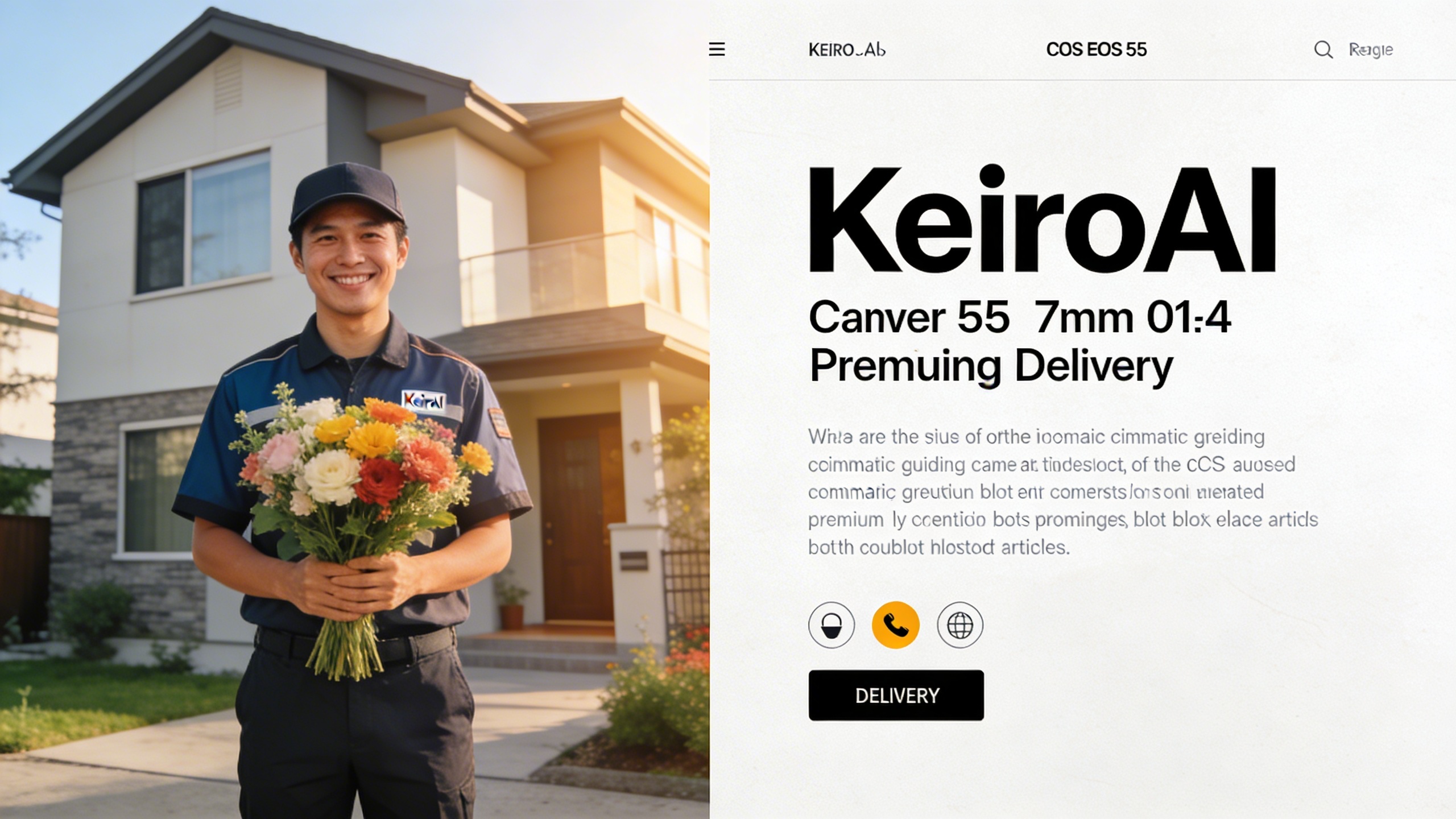 Un livreur KeiroAI souriant en uniforme, tenant un bouquet de fleurs fraîches devant une maison moderne, prêt à livrer, lumière du matin, style photo réaliste, composition dynamique.