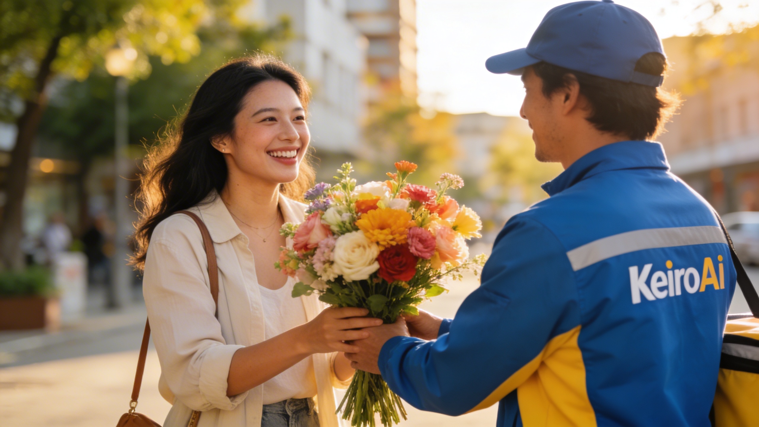 Client(e) souriant(e) recevant un magnifique bouquet de fleurs de la part d'un livreur KeiroAI, dans un environnement urbain agréable, ambiance joyeuse et lumineuse, style photo réaliste.