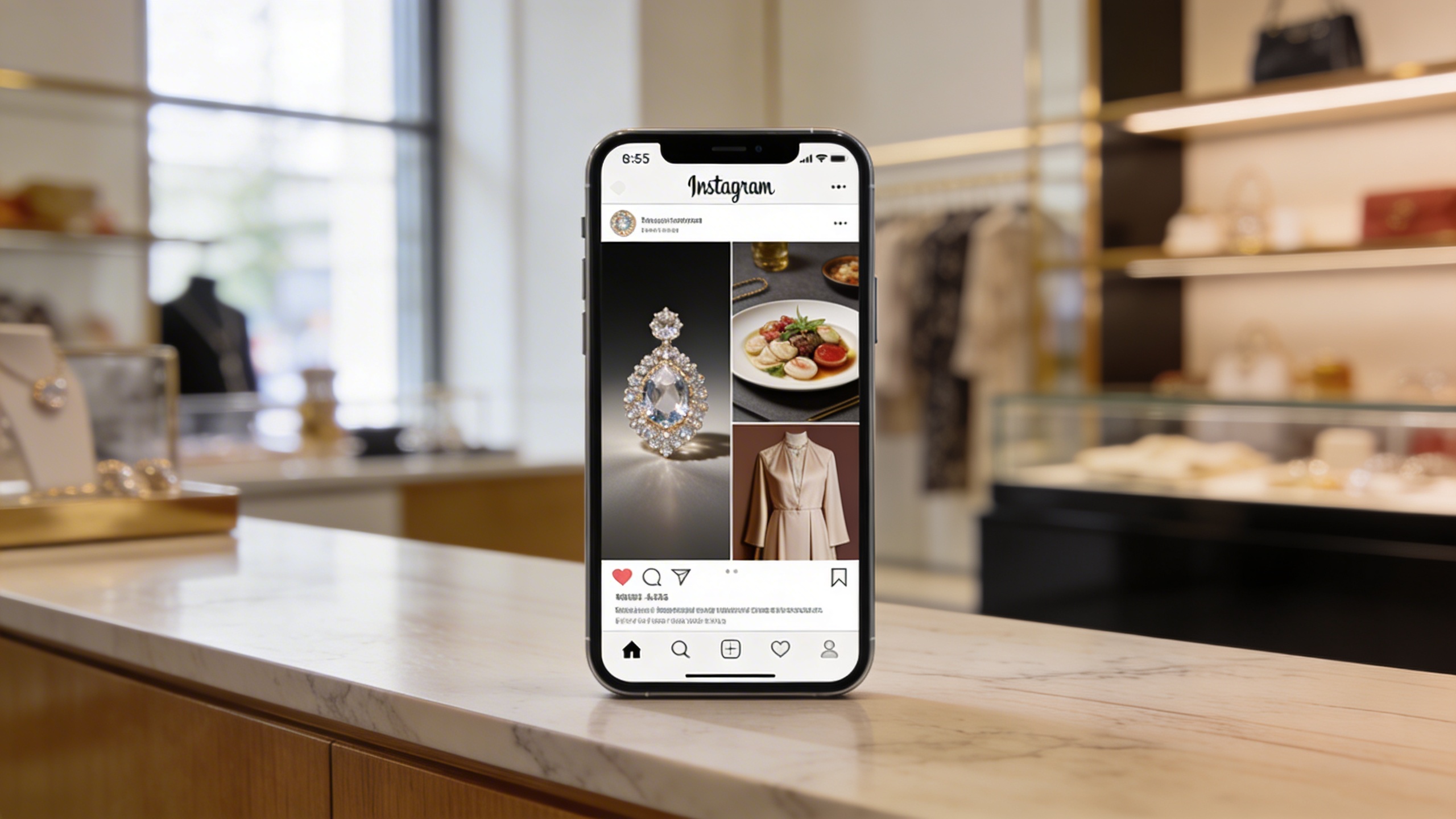 Un smartphone affichant une application de réseaux sociaux avec une image de produit de haute qualité, posé sur un comptoir de boutique élégant avec des objets floutés en arrière-plan. L'écran lumineux du téléphone attire l'attention, symbolisant l'impact du visuel. Style photo de produit, lumière douce et naturelle.