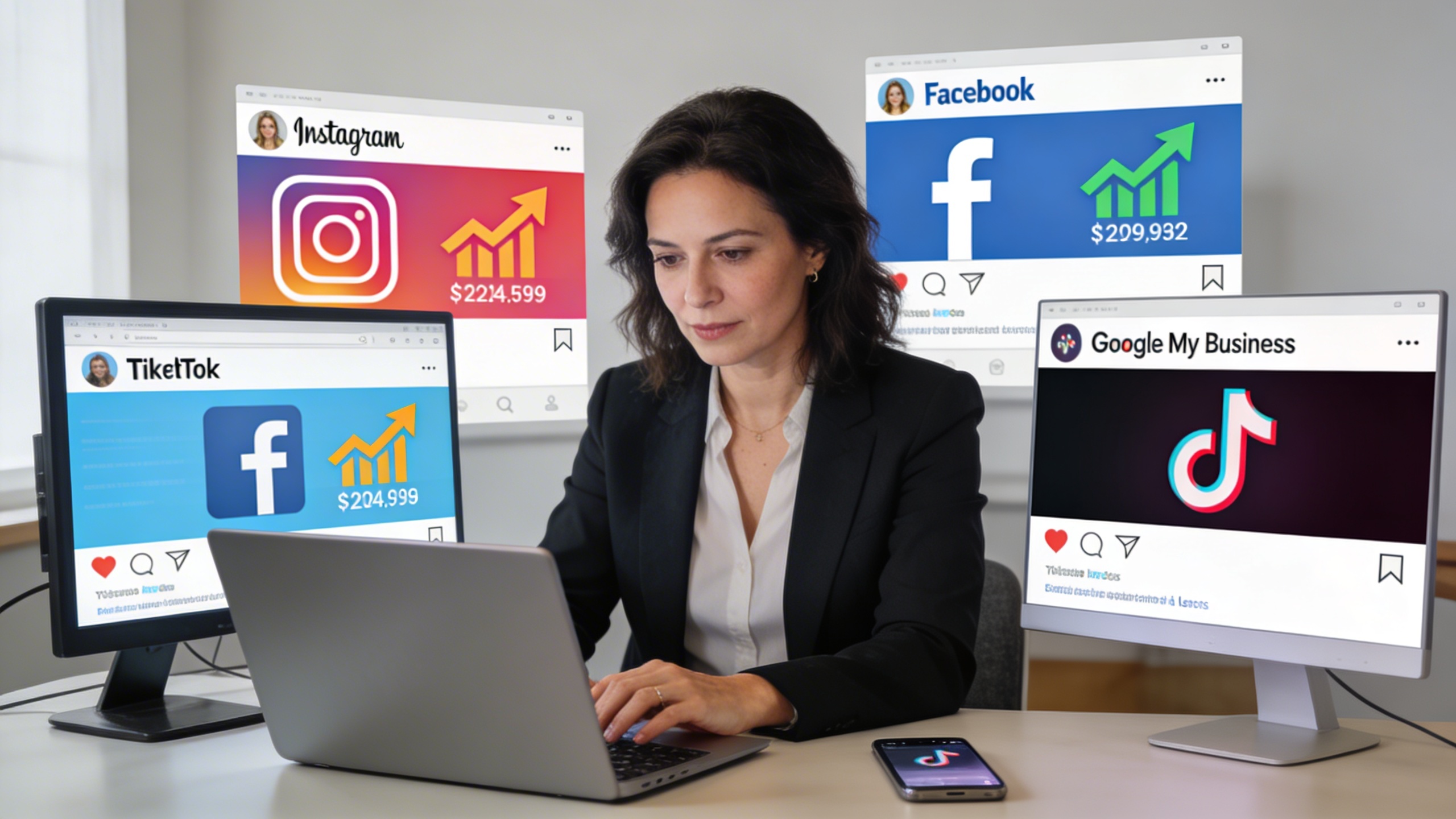 Une femme entrepreneur gérant plusieurs écrans d'ordinateur et de smartphone, chaque écran affichant une plateforme de réseau social différente (Instagram, Facebook, TikTok, Google My Business) avec des graphiques de croissance. Elle a l'air concentrée et efficace. Lumière de bureau moderne, ambiance productive.