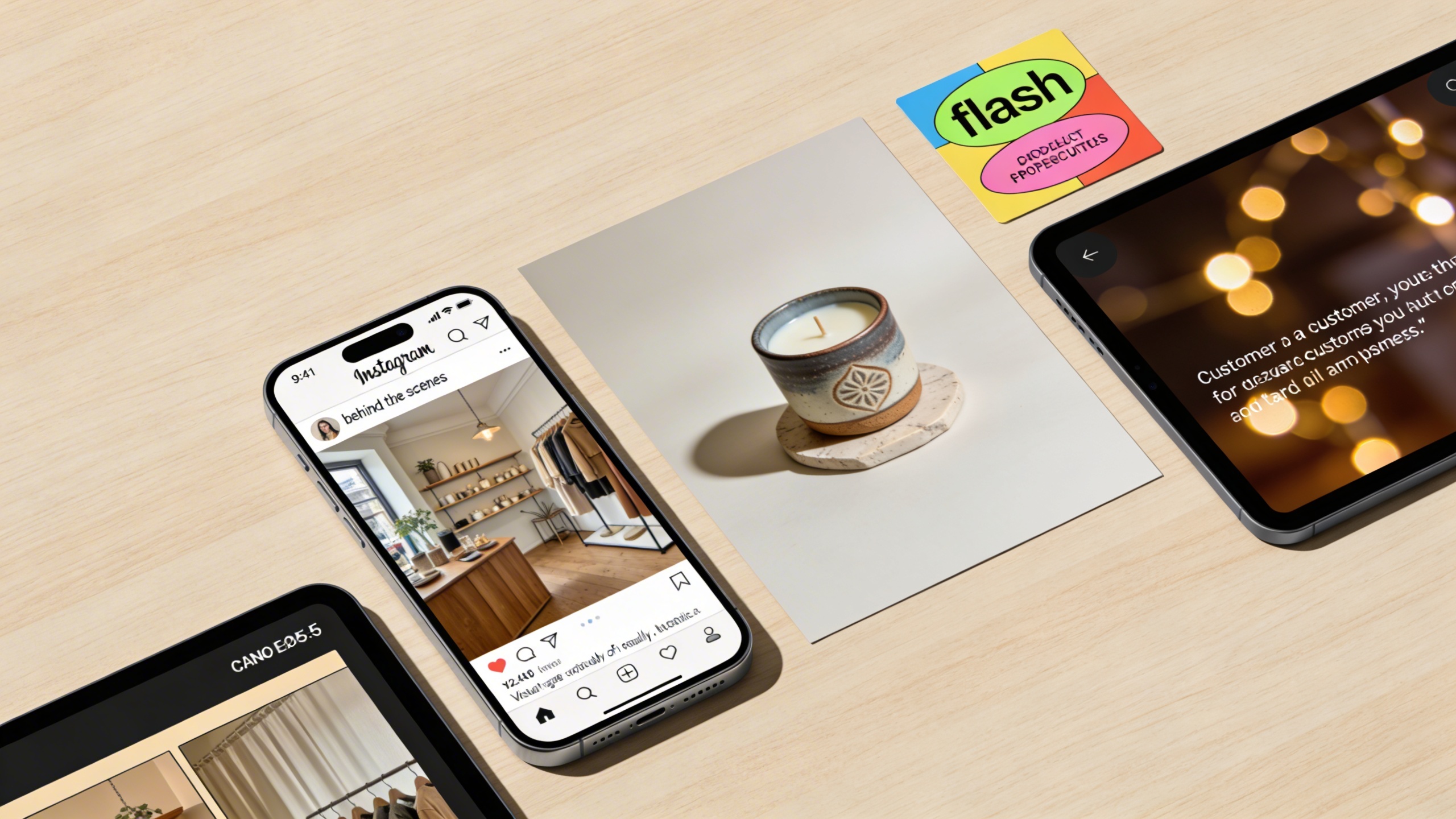 Une composition créative de divers éléments marketing pour un commerce local : une photo de produit élégante générée par IA, une story Instagram montrant les coulisses d'une boutique, une annonce de promotion colorée, et un smartphone affichant des commentaires positifs de clients. Le tout sur un fond clair et moderne. Style flat lay, éditorial.