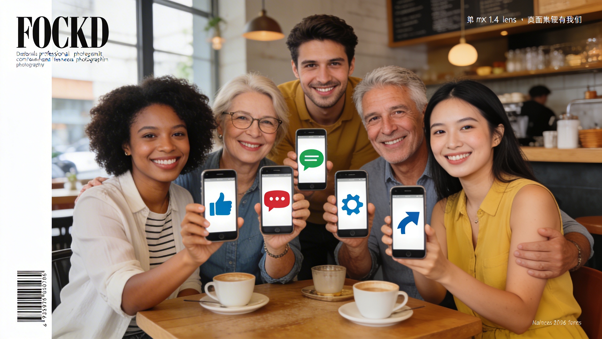 Un groupe de personnes souriantes et diversifiées, interagissant joyeusement avec leurs smartphones, chacun affichant des icônes de réseaux sociaux (like, commentaire, partage). L'ambiance est conviviale et représente une communauté engagée autour d'un commerce local. Lumière naturelle, composition dynamique.