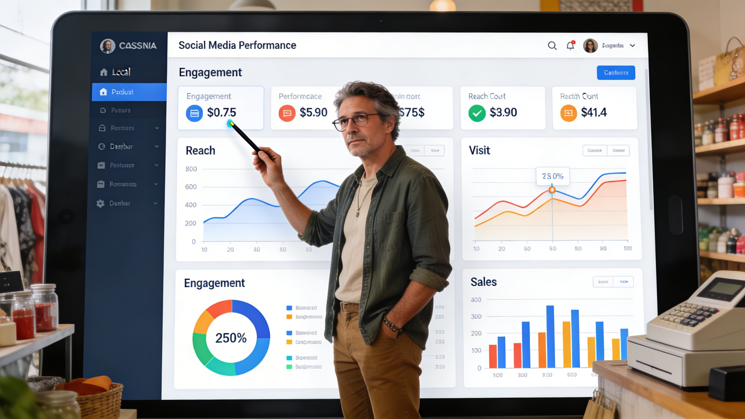 Un entrepreneur local devant un tableau de bord digital affichant des graphiques et des statistiques de réseaux sociaux (engagement, portée, ventes). Il pointe du doigt un écran avec un stylet, l'air réfléchi et analytique. L'arrière-plan est légèrement flou, montrant des éléments de sa boutique. Ambiance de travail, lumière du jour.