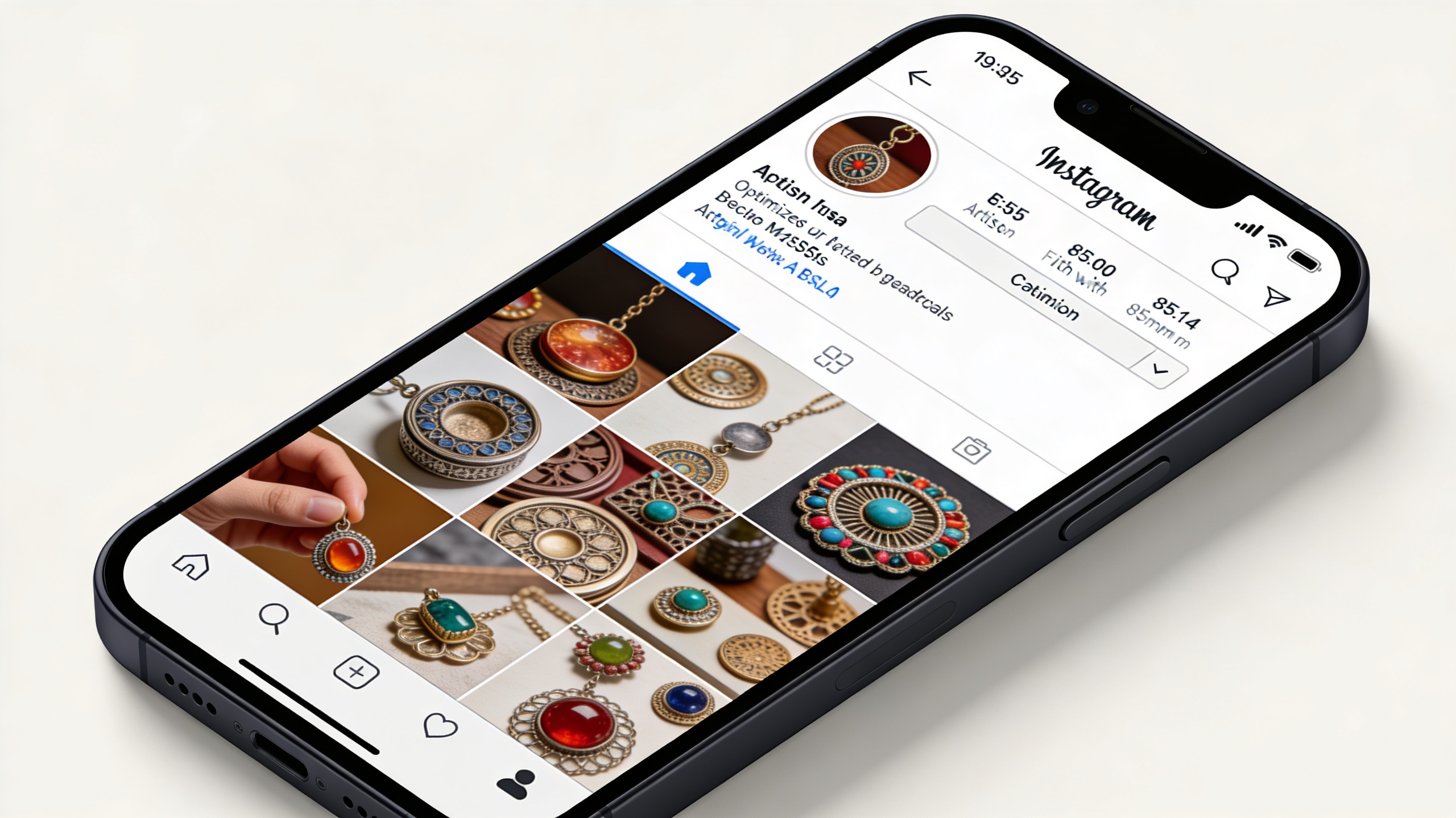 Écran de smartphone affichant un profil Instagram d'artisan avec une bio optimisée, un nom de profil clair et des photos de haute qualité de ses créations, dans un style réaliste et lumineux
