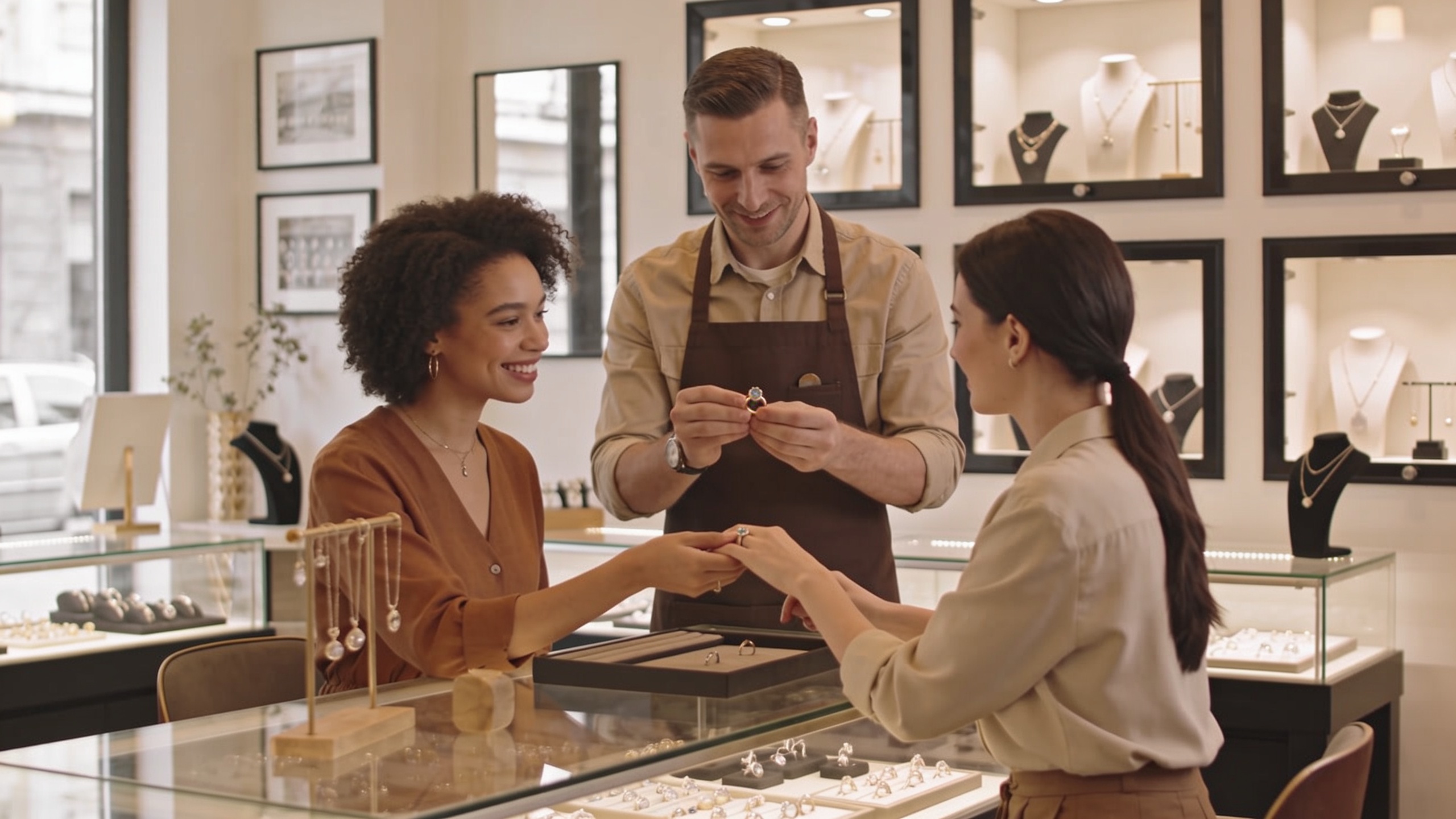 Artisan bijoutier montrant une bague faite main à une cliente souriante, dans une boutique lumineuse et élégante, style photo réaliste, ambiance chaleureuse et inspirante