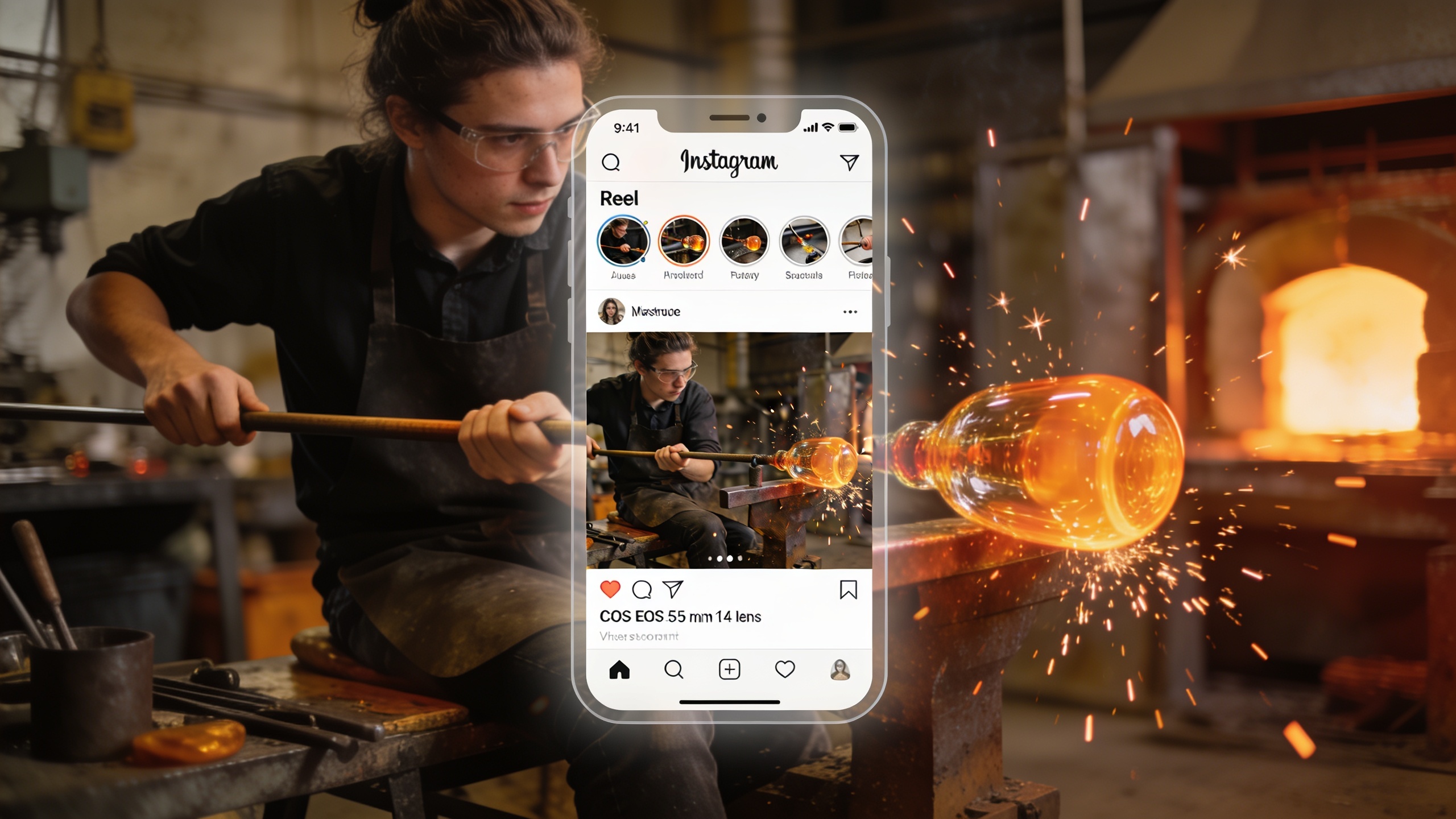 Un artisan verrier soufflant du verre, avec un smartphone en surimpression montrant un Reel Instagram en cours de création, mettant en avant le processus artisanal détaillé et les mains expertes, lumière d'atelier chaleureuse, style photo réaliste