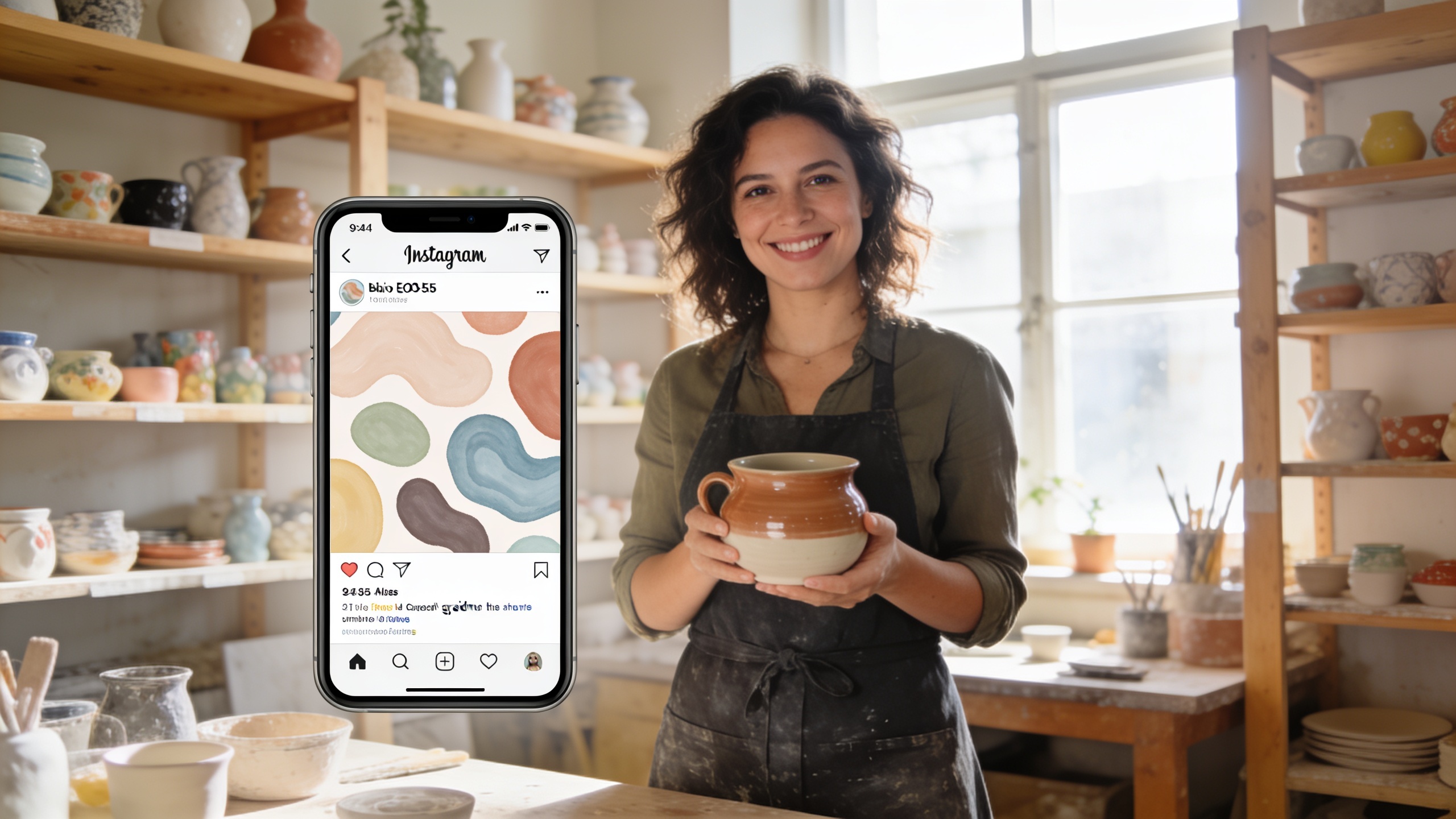 Une artisan céramiste souriante dans son atelier, tenant une poterie finie, avec un écran de smartphone montrant une bio Instagram parfaitement optimisée avec des mots-clés locaux et métier, style photo éditorial avec lumière naturelle