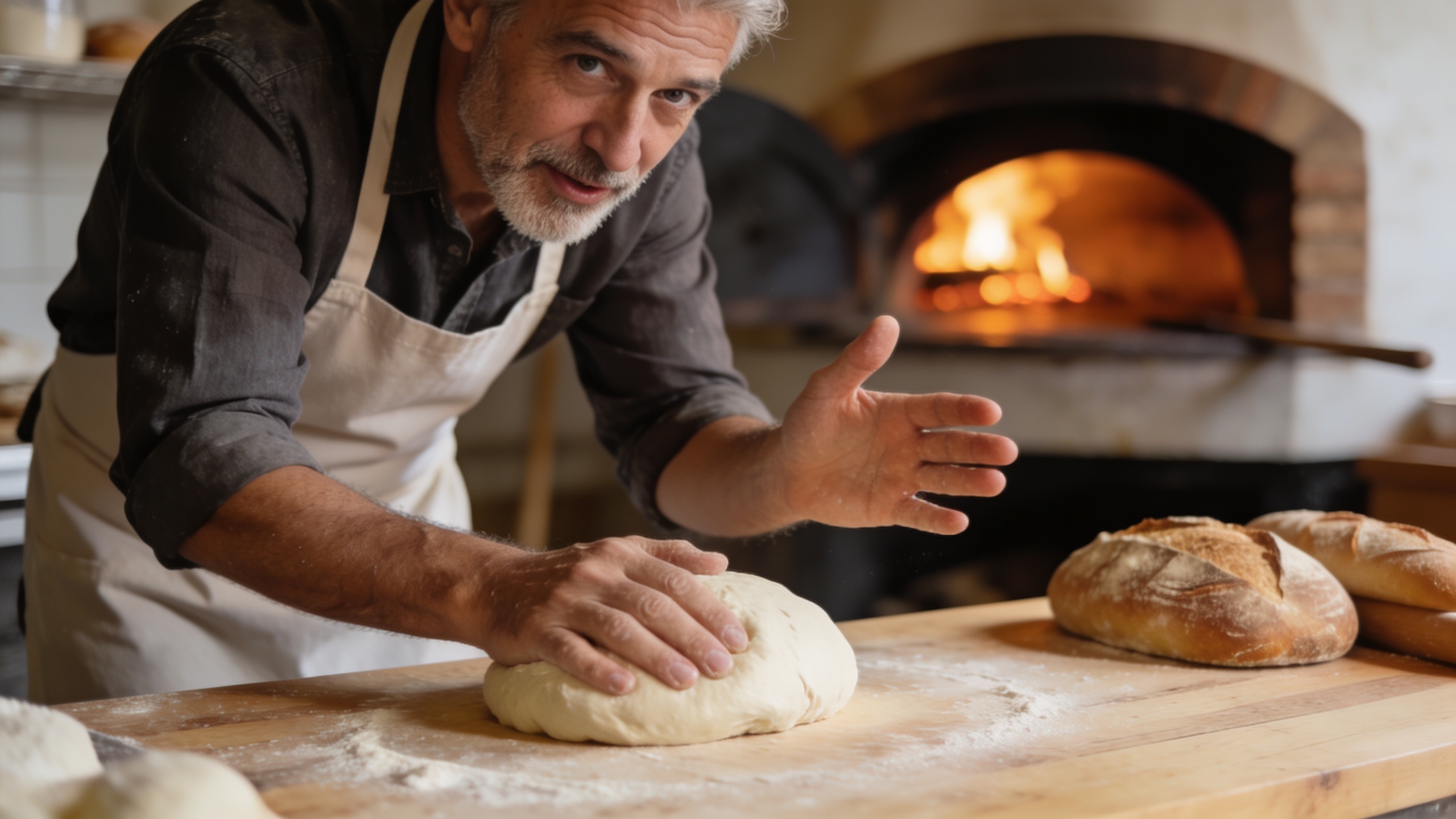 Un artisan boulanger expliquant les étapes de fabrication du pain au levain dans un Reel Instagram éducatif, avec des mains travaillant la pâte et un four à bois en arrière-plan, lumière chaude et naturelle, style vidéo tutoriel professionnel