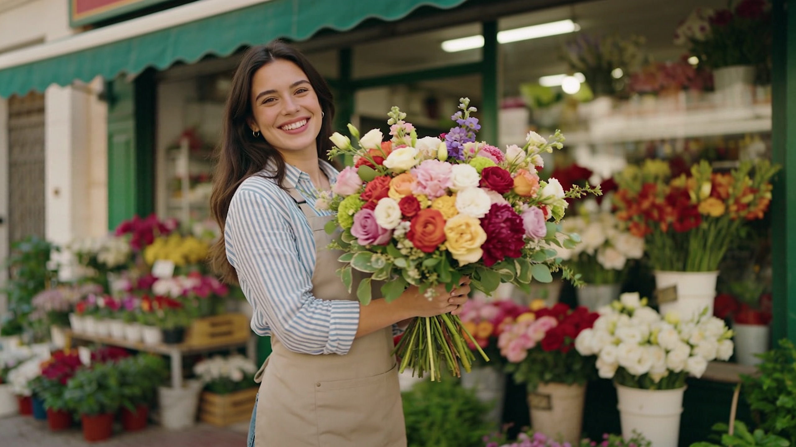 Une cliente souriante tenant un bouquet de fleurs fraîches d'un fleuriste local, avec un avis 5 étoiles Google Maps affiché en surimpression, ambiance joyeuse et lumineuse, style photo éditorial client satisfait