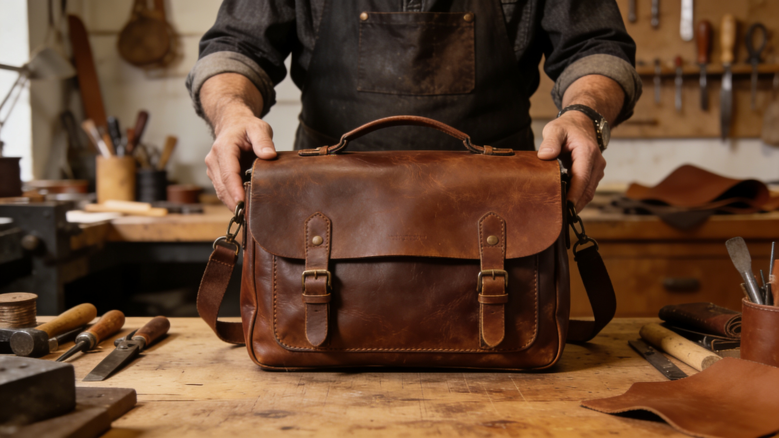Artisan maroquinier présentant un sac en cuir fait main, dans un style réaliste et chaleureux. Le sac est mis en valeur sur un établi en bois avec des outils en arrière-plan. La photo est prise avec une faible profondeur de champ, mettant l'accent sur le produit et les détails du cuir. Style photo éditorial.