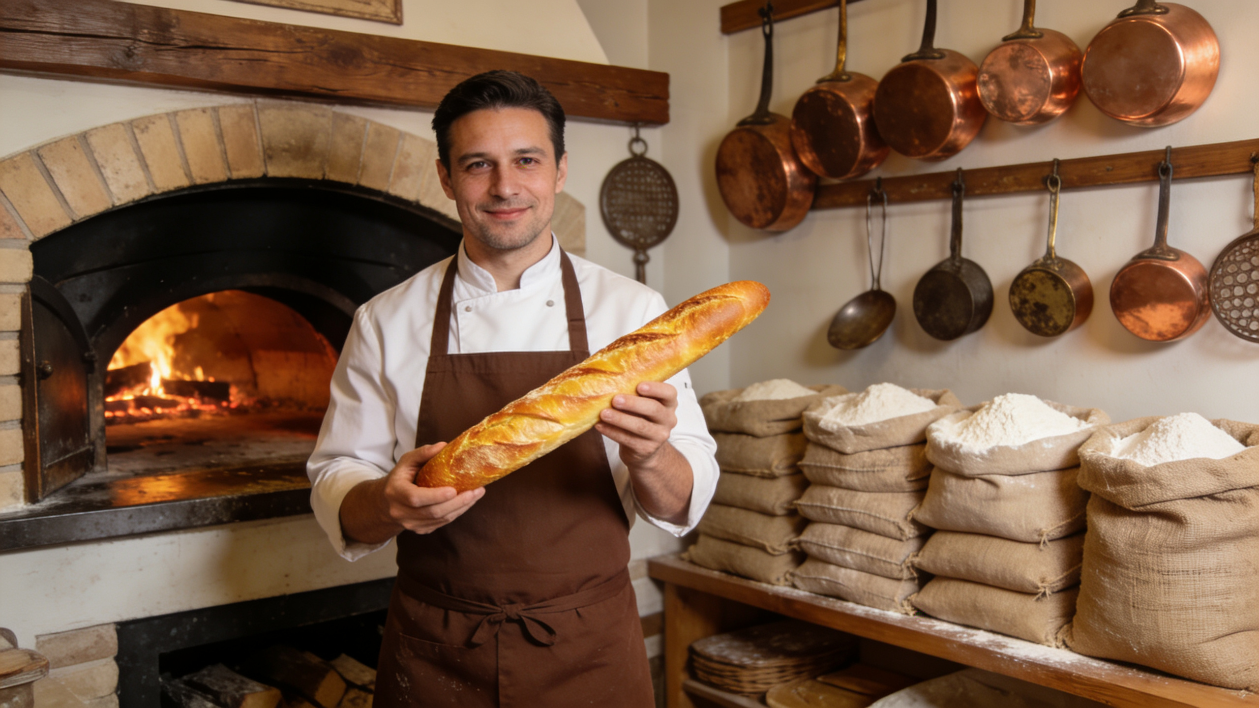 Artisan boulanger devant son fournil traditionnel, présentant une baguette croustillante. Le décor est rustique et authentique, avec des sacs de farine et des ustensiles de cuisson. Lumière naturelle, composition chaleureuse. Style photo réaliste, qualité magazine.