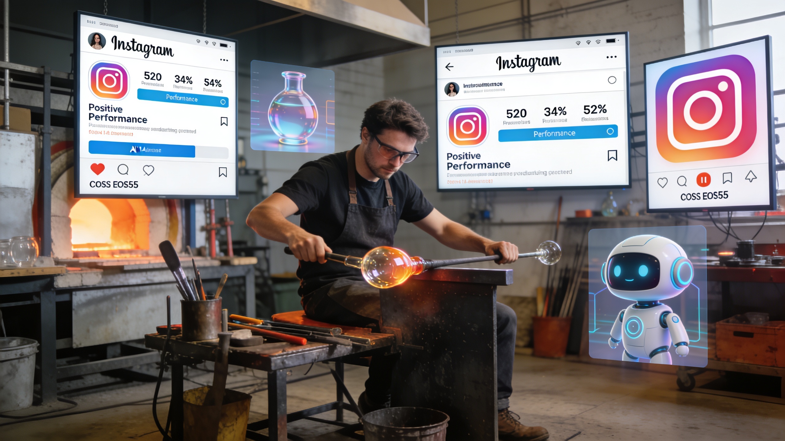 Artisan verrier soufflant du verre dans un atelier moderne, entouré d'écrans affichant des statistiques de performance Instagram positives et des visuels générés par IA. L'ambiance est créative et technologique. Style photo réaliste, lumière tamisée.