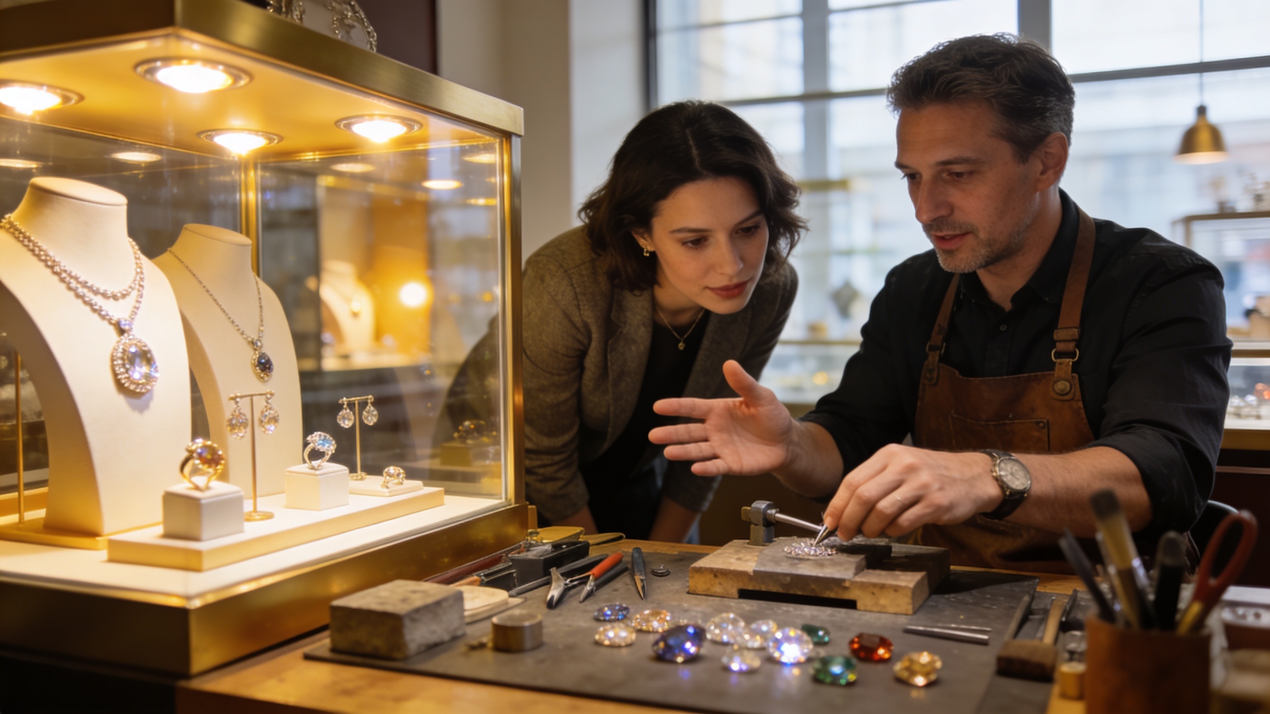 Artisan bijoutier expliquant son processus de création à un client intéressé dans sa boutique. L'ambiance est conviviale et professionnelle. Les bijoux sont mis en valeur dans une vitrine éclairée. Style photo réaliste, qualité magazine.