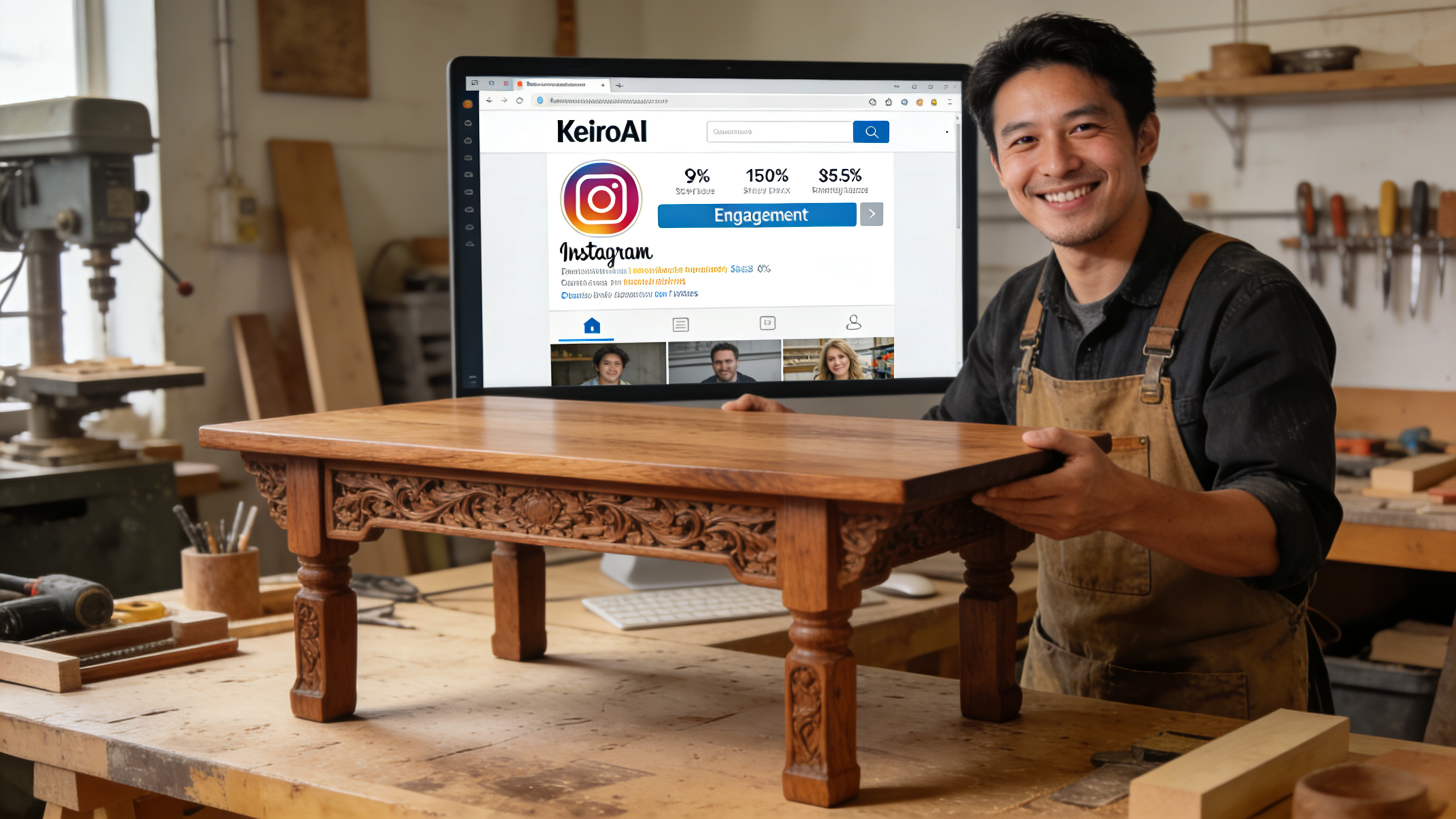 Artisan menuisier souriant, montrant une table en bois magnifiquement travaillée. Dans le fond, un écran d'ordinateur affiche l'interface de KeiroAI avec des statistiques d'engagement Instagram positives. L'ambiance est moderne et chaleureuse. Style photo réaliste, haute qualité.