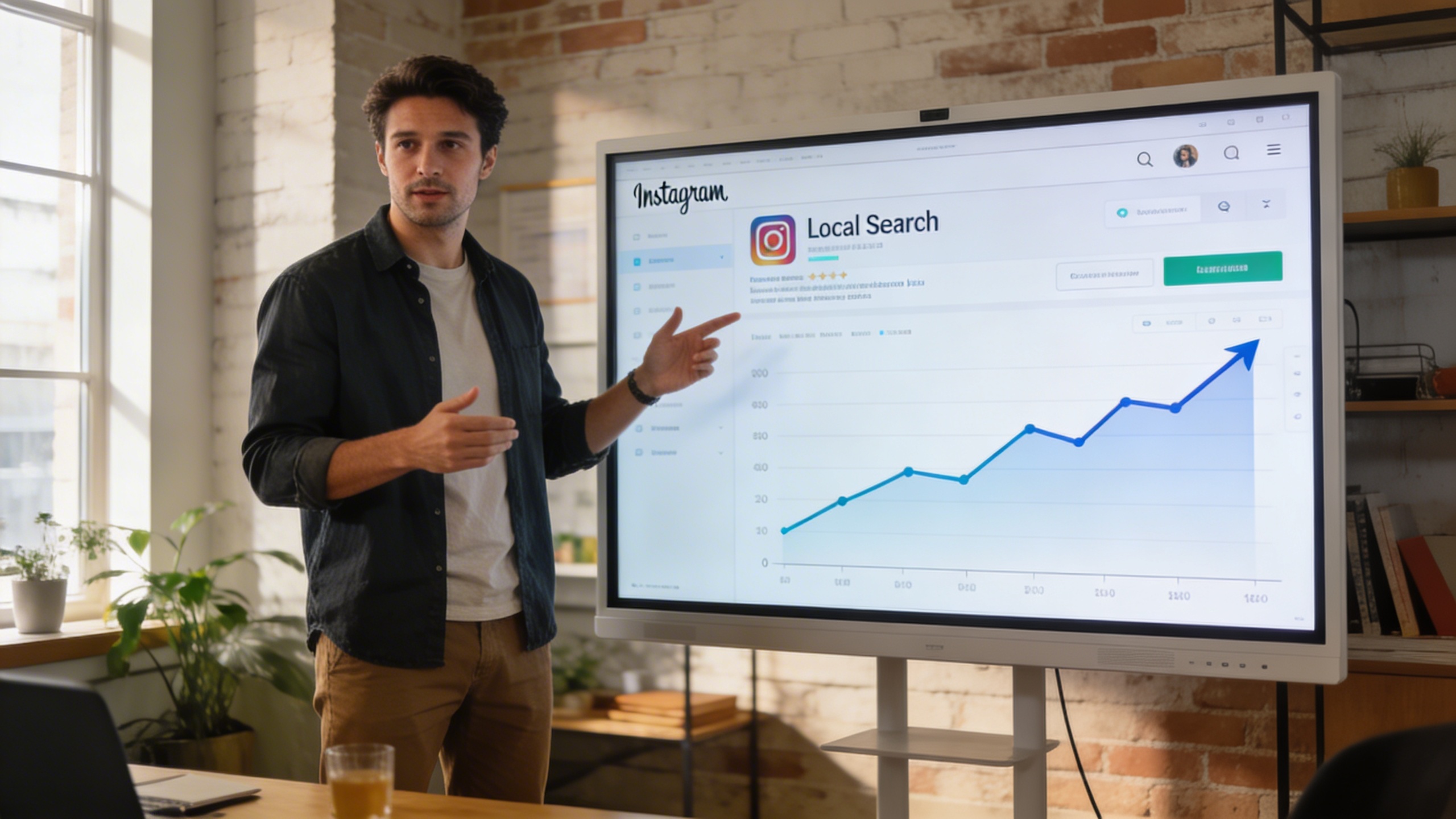 Entrepreneur expliquant un concept de SEO social sur un tableau blanc numérique, avec des graphiques montrant l'augmentation des recherches locales sur Instagram. Ambiance de bureau moderne, lumière naturelle, style photo réaliste.
