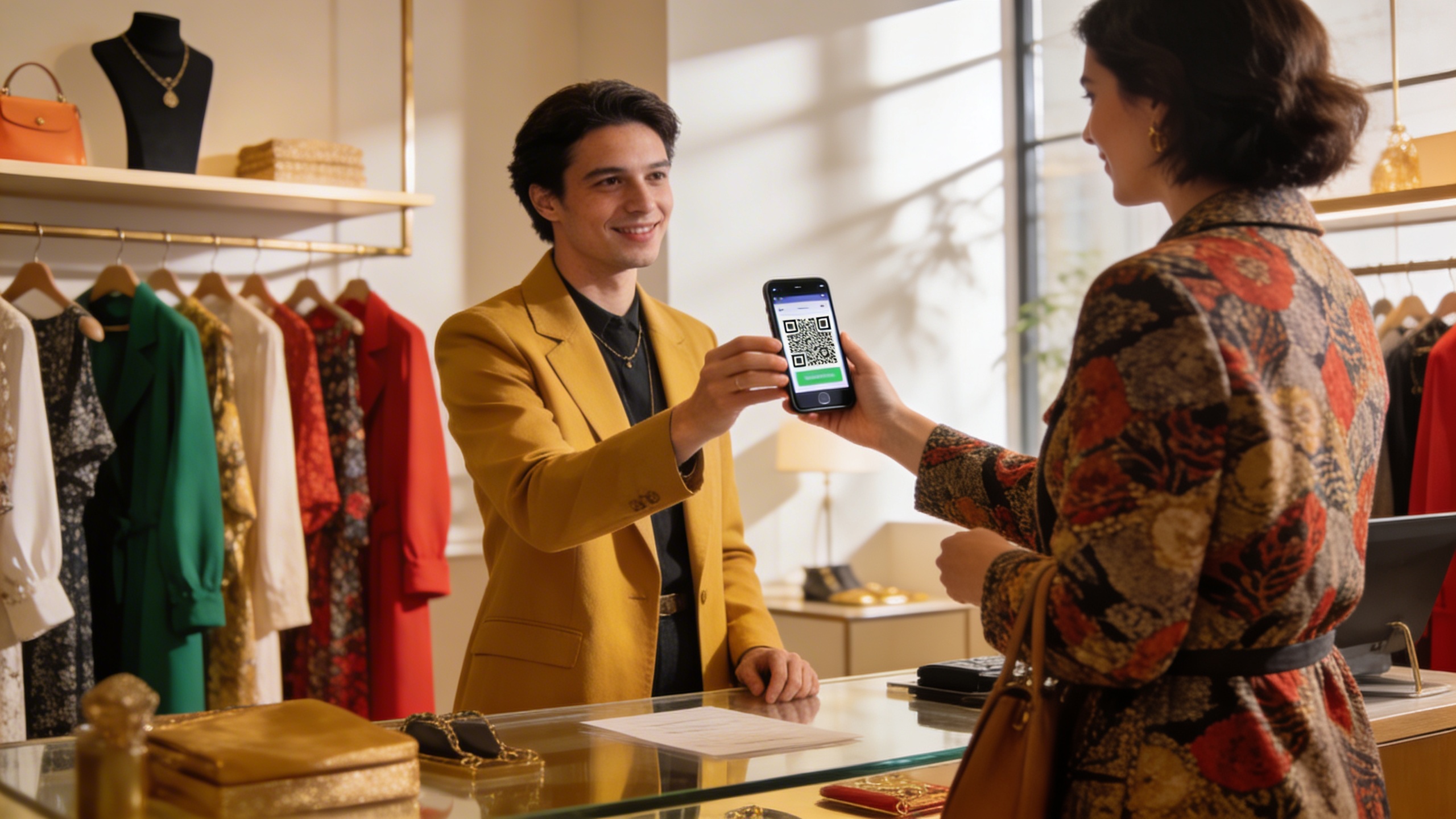 Client utilisant son téléphone pour scanner un QR code dans une boutique de vêtements élégante, avec un message 'Laissez votre avis Google'. Ambiance chaleureuse et lumineuse, style photo éditorial magazine.