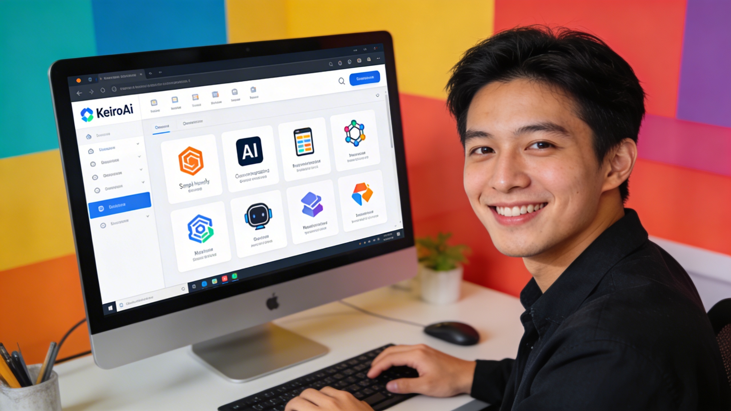 Jeune entrepreneur souriant devant un écran d'ordinateur, montrant une interface simple et intuitive de KeiroAI pour la génération de visuels. Des icônes d'IA et de marketing sont visibles. Style photo réaliste, couleurs vives.