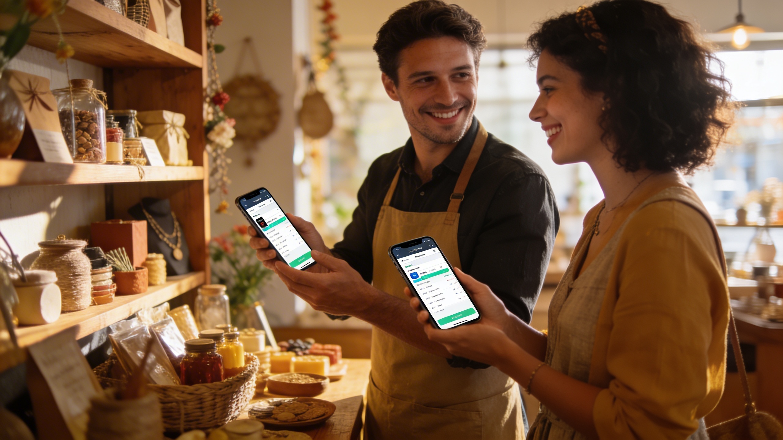 Propriétaire de boutique montrant des produits artisanaux à un client souriant, avec un smartphone en main affichant une application de gestion client. Ambiance de boutique chaleureuse et accueillante, lumière naturelle, style photo éditorial magazine.