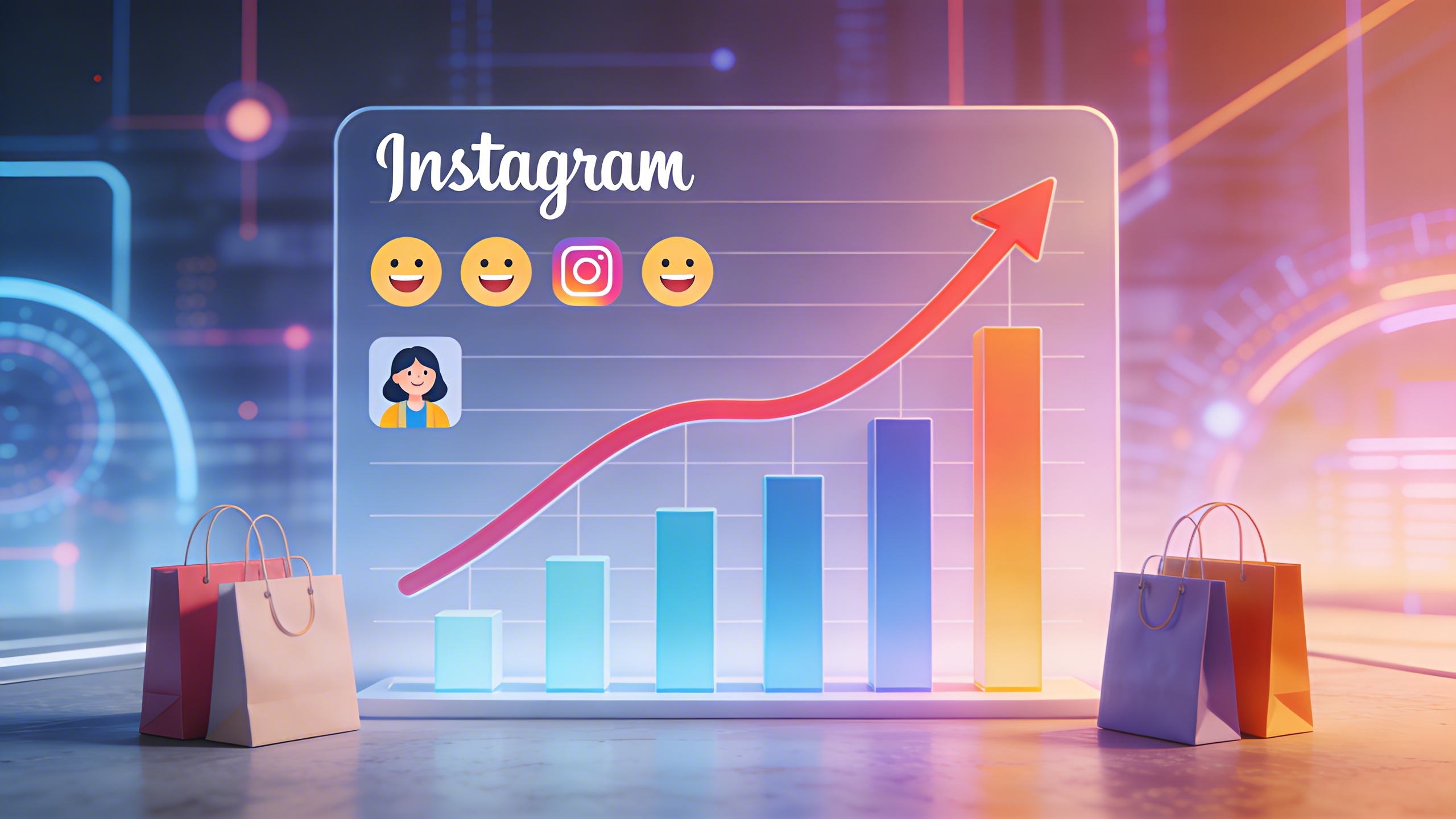 Graphique de croissance montrant une courbe ascendante pour la visibilité Instagram, avec des icônes de clients satisfaits et de sacs de courses. Fond abstrait et futuriste. Style illustration digitale, couleurs vives.