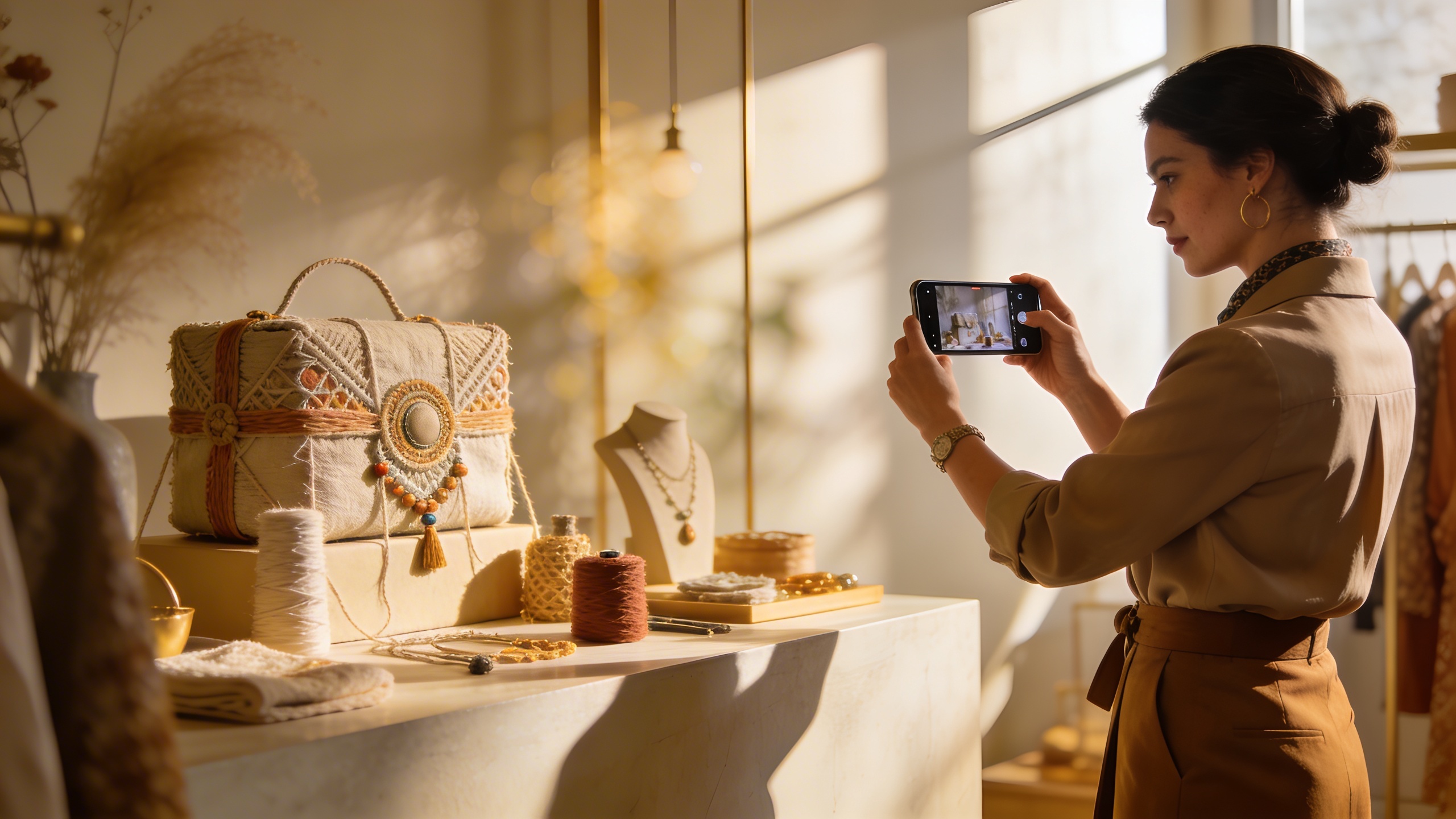 Gérant de boutique créatif en train de filmer un Reel Instagram avec son smartphone, montrant un produit fait main dans une mise en scène esthétique, lumière douce et naturelle, style photo éditorial magazine, composition dynamique.