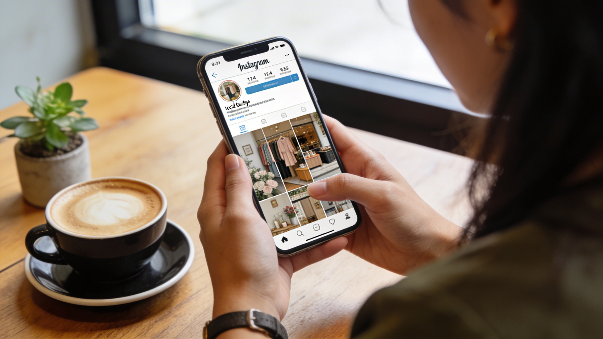 Une femme naviguant sur Instagram sur son téléphone, affichant des profils de boutiques locales avec des descriptions optimisées et des hashtags pertinents, dans un café branché, lumière du jour, style photo éditorial magazine.