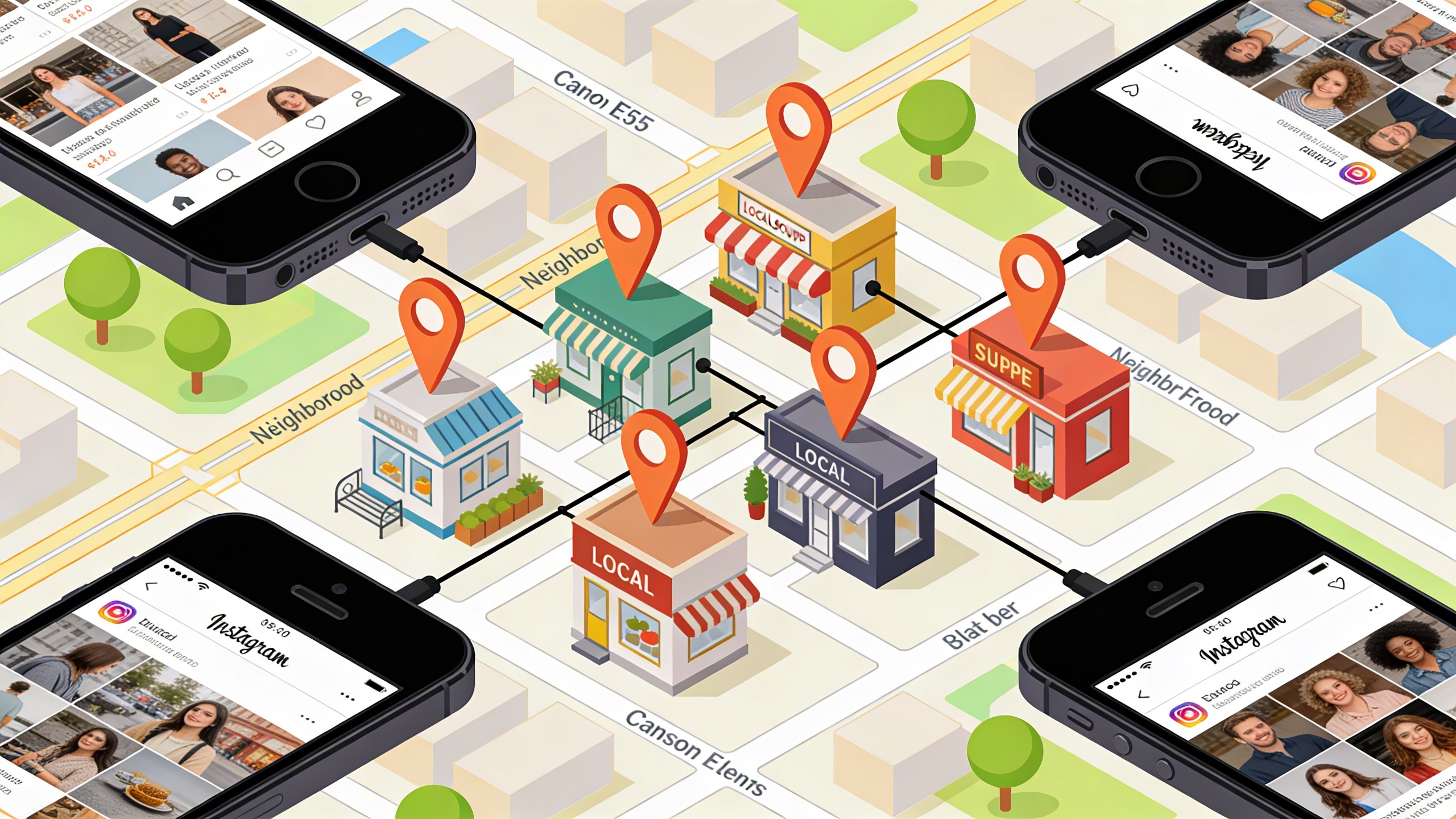 Une carte stylisée de quartier avec des icônes de boutiques locales, des points de géolocalisation et des lignes de connexion vers des smartphones affichant des posts Instagram, ambiance moderne et numérique, style illustration isométrique.