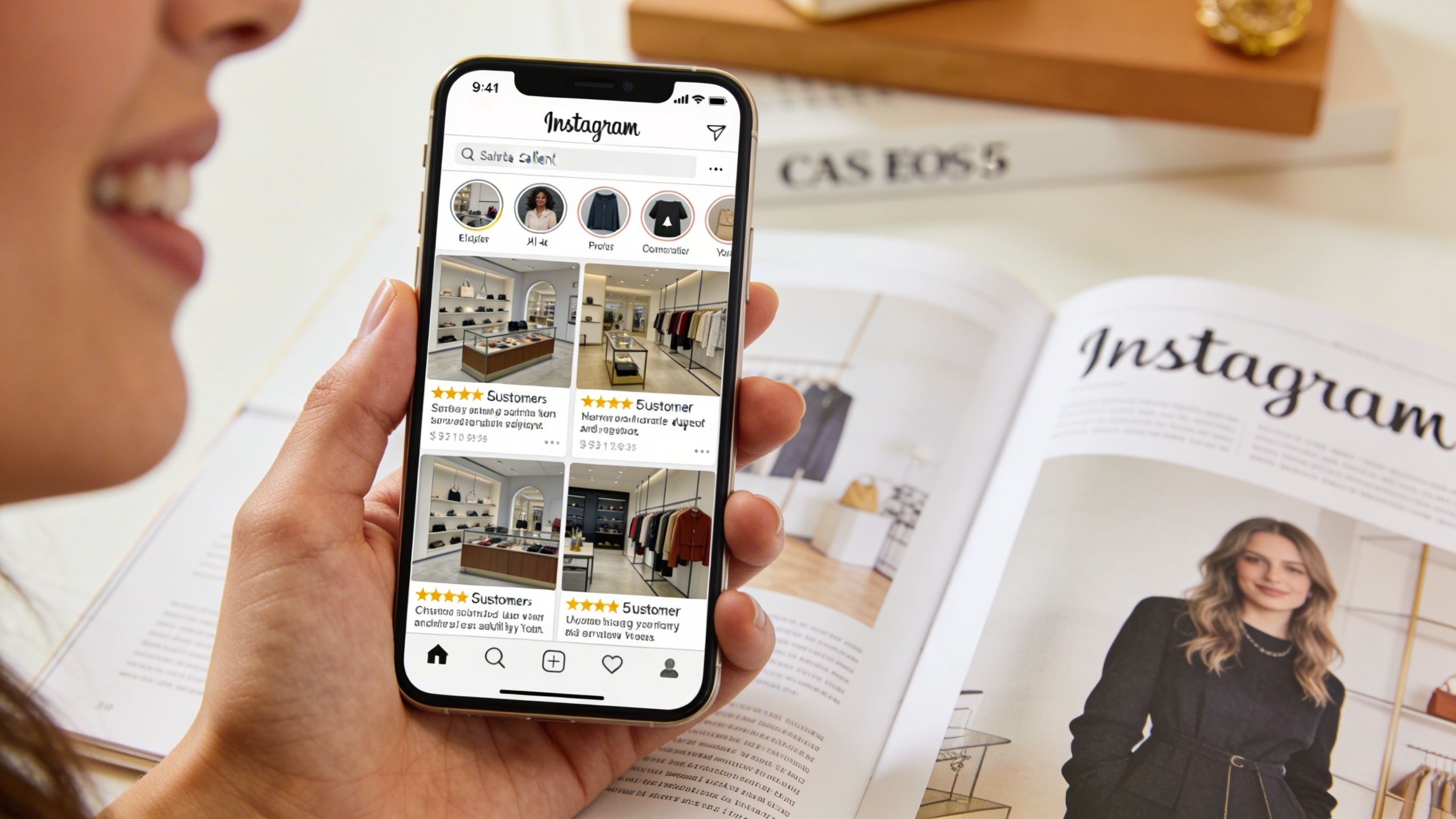 Un carrousel Instagram affichant des avis clients 5 étoiles avec des photos authentiques de produits et de la boutique, le tout présenté sur un smartphone tenu par un client satisfait, lumière douce, style photo éditorial magazine.