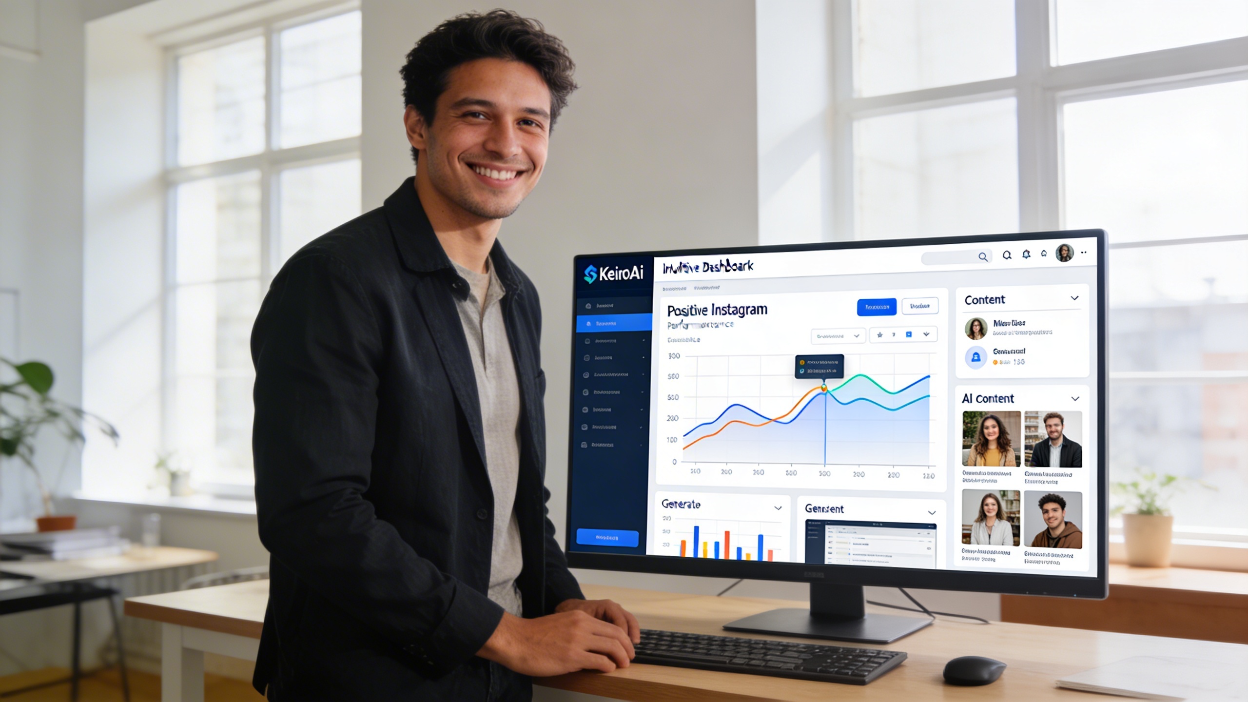Un entrepreneur souriant devant un écran d'ordinateur affichant le tableau de bord intuitif de KeiroAI, avec des graphiques de performance Instagram positifs et des options de génération de contenu IA, ambiance lumineuse et moderne, style photo éditorial magazine.