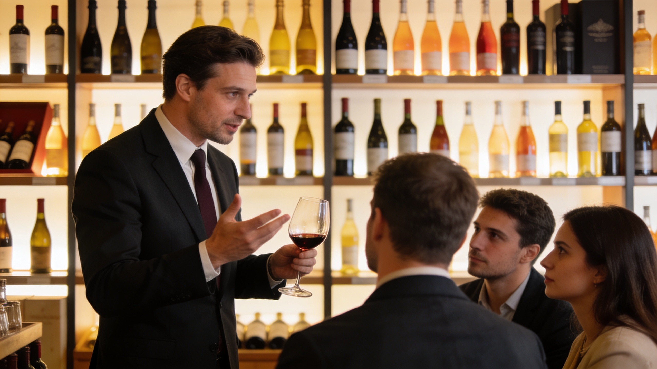 Un caviste expert expliquant les nuances d'un vin à un petit groupe de clients attentifs dans son magasin, avec des bouteilles élégamment éclairées en arrière-plan, ambiance chaleureuse et éducative, style photo réaliste de workshop, lumière naturelle.