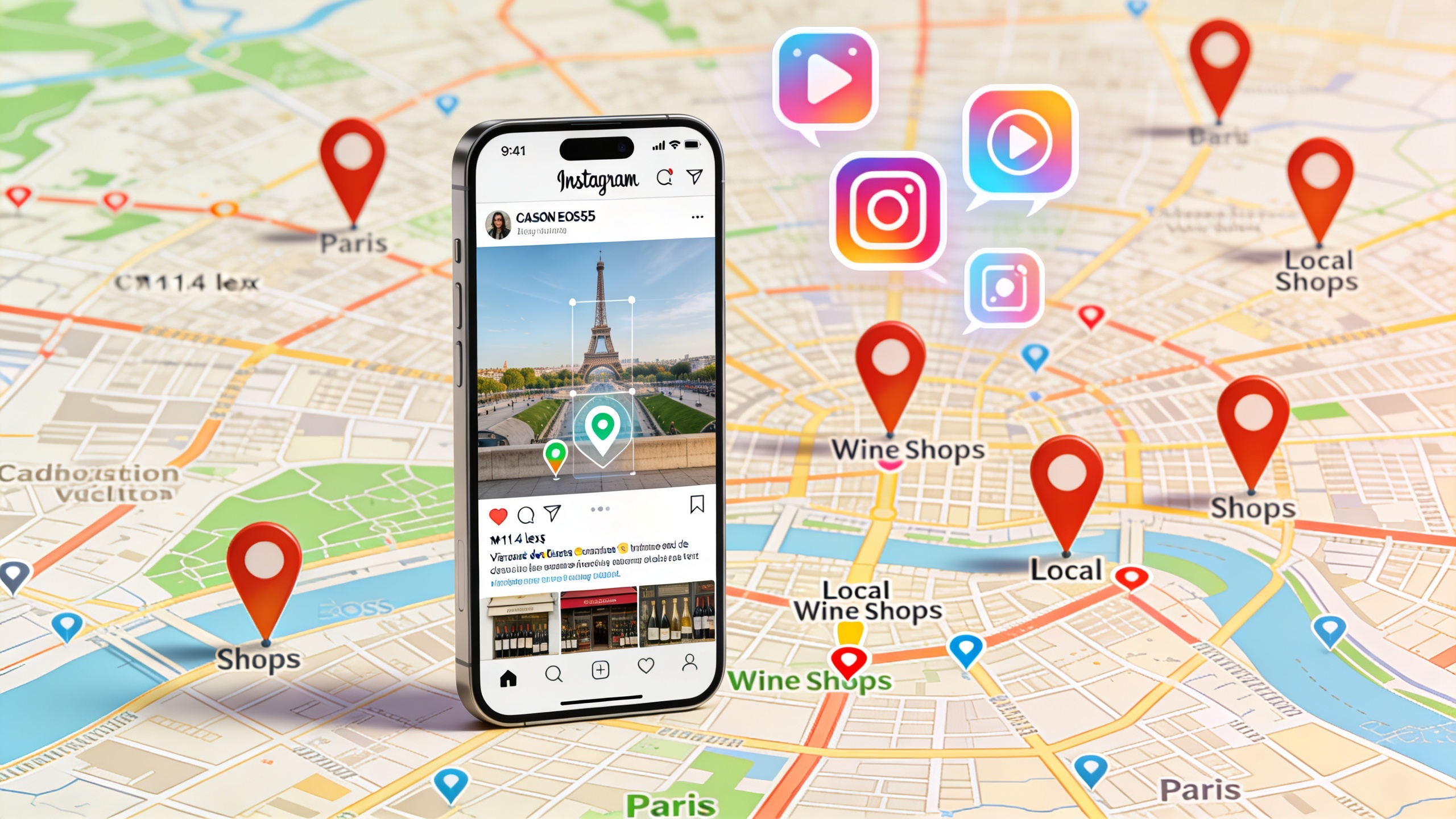 Une carte stylisée de Paris avec des épingles représentant des cavistes locaux, montrant des bulles de données de visibilité Instagram, avec un smartphone en surimpression affichant un post géolocalisé, style infographie moderne et épurée, couleurs vives.