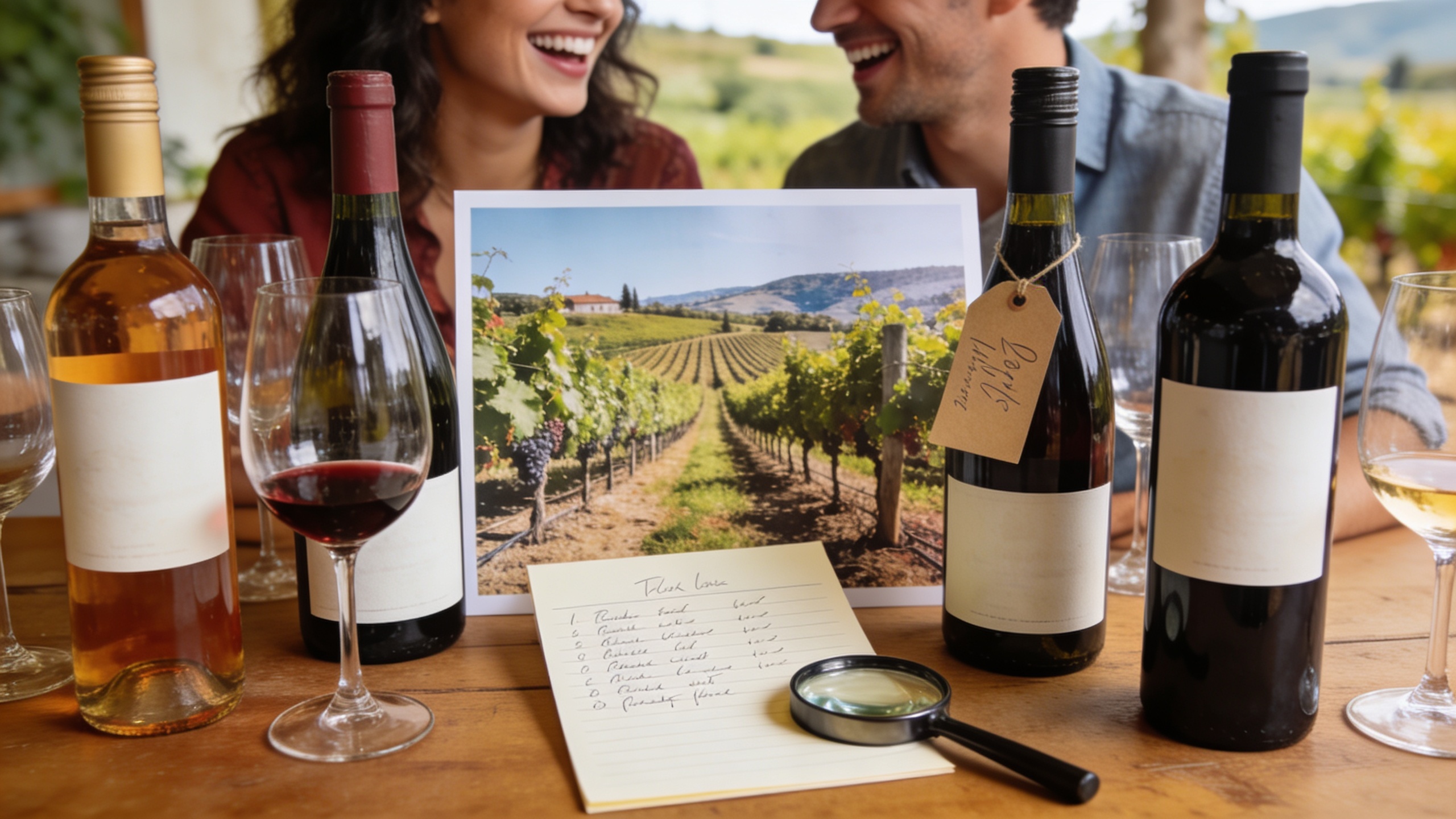 Un tableau de dégustation de vins avec différentes bouteilles et verres, des notes de dégustation manuscrites et des éléments visuels représentant les quatre piliers du contenu : une loupe (éducatif), un paysage viticole (inspirant), des rires (divertissant) et une étiquette de prix (promotionnel), style photo éditoriale et artistique, lumière naturelle.