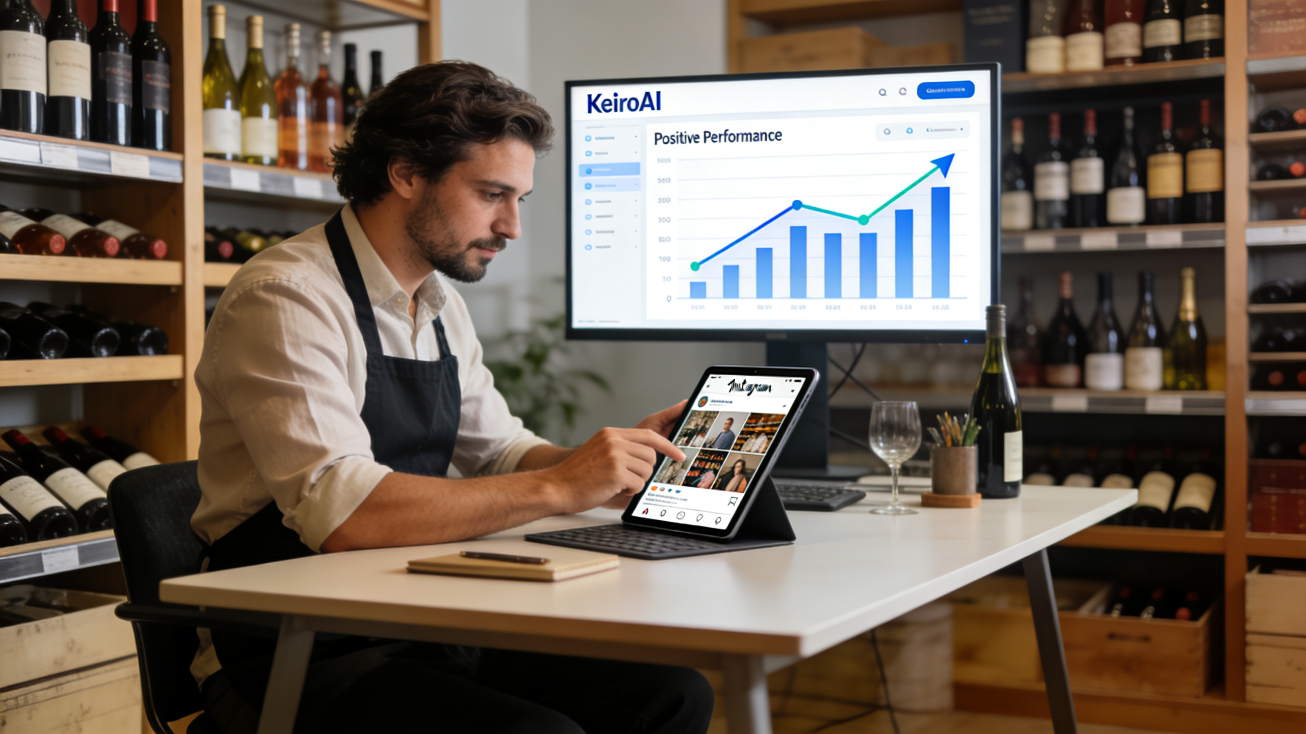 Un entrepreneur caviste utilisant l'interface de KeiroAI sur une tablette, générant des visuels pour Instagram, des graphiques de performance positifs en arrière-plan, symbolisant l'efficacité de l'IA, style photo réaliste, ambiance de travail moderne et efficace.