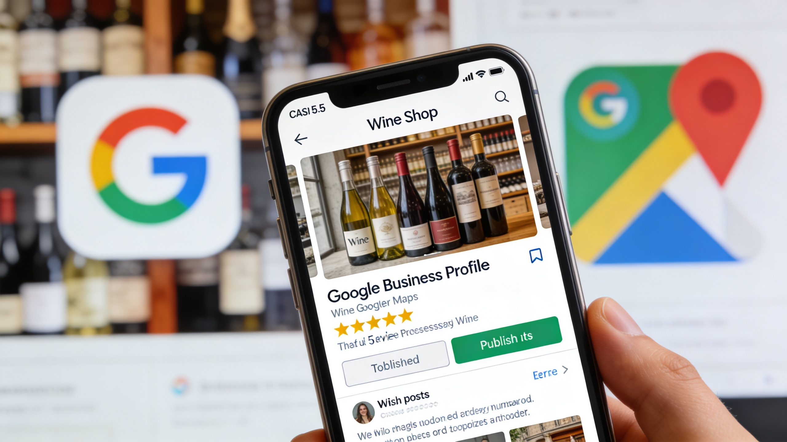 Un profil Google Business d'un caviste affiché sur un smartphone, montrant des avis 5 étoiles, des photos attrayantes de bouteilles de vin et l'option de publication de posts, avec une icône Google Maps en arrière-plan, style interface utilisateur réaliste et moderne.