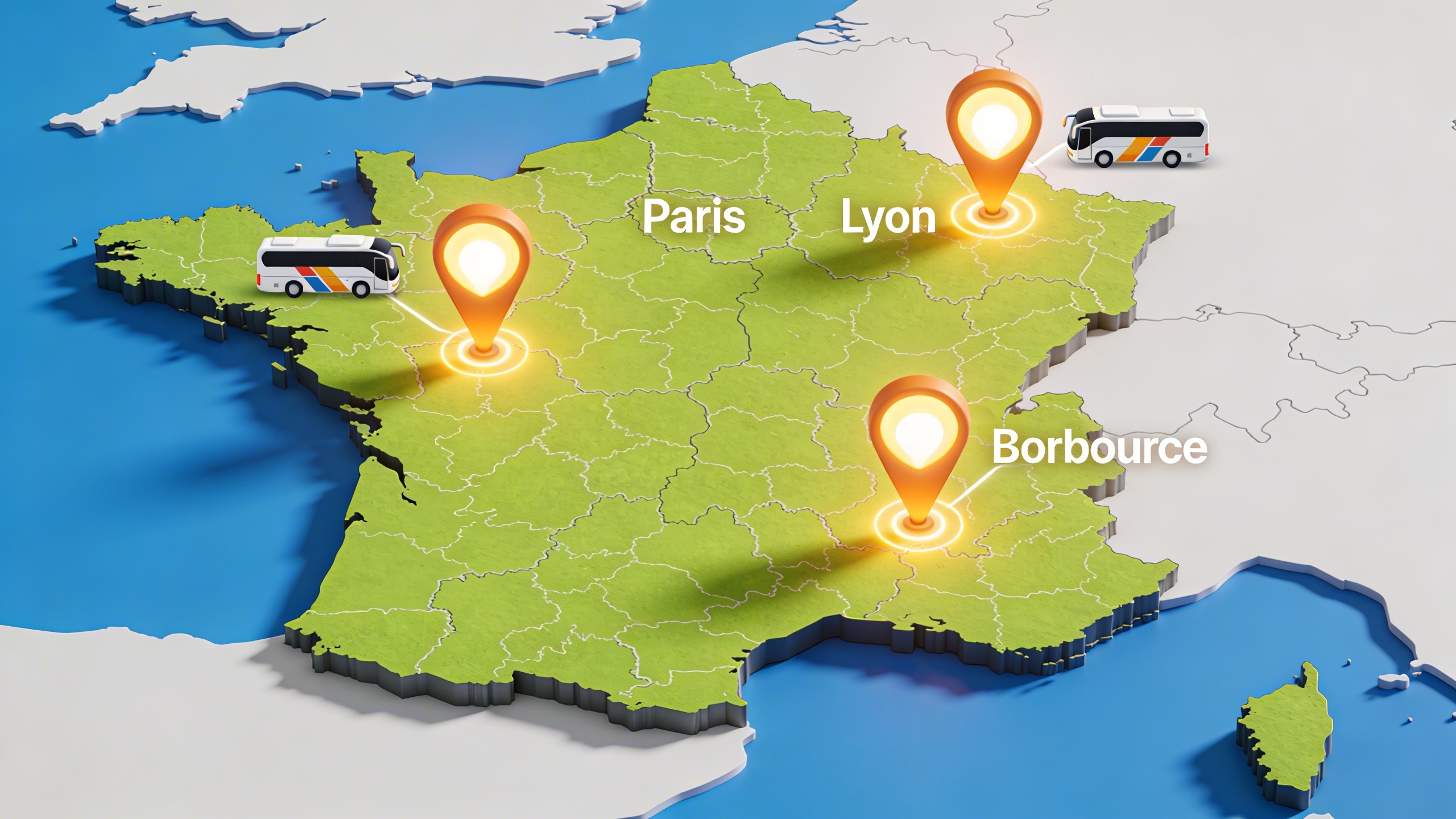 carte de France stylisée avec des épingles lumineuses sur des villes comme Paris, Lyon, Bordeaux, et des icônes de coachs qui symbolisent une présence locale forte et connectée, style illustration isométrique, couleurs vives et modernes