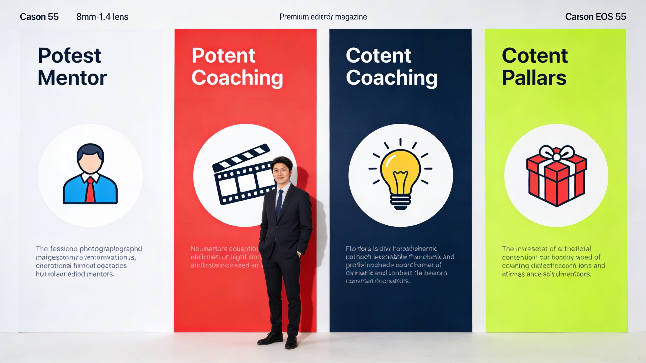 tableau blanc stylisé avec 4 sections colorées représentant les piliers de contenu (éducatif, inspirant, divertissant, promotionnel), avec des icônes de coaching et des pourcentages, dans un style flat design moderne et clair