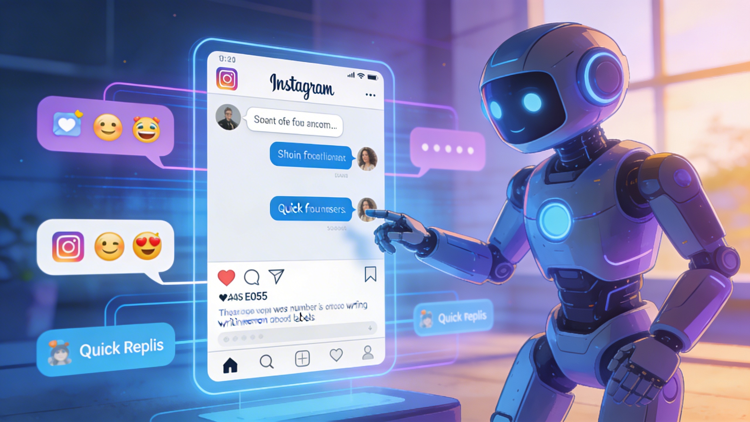 chatbot IA interagissant fluidement avec des utilisateurs sur Instagram via des bulles de conversation, des emojis et des quick replies, dans un style illustration futuriste et convivial, couleurs bleues et violettes