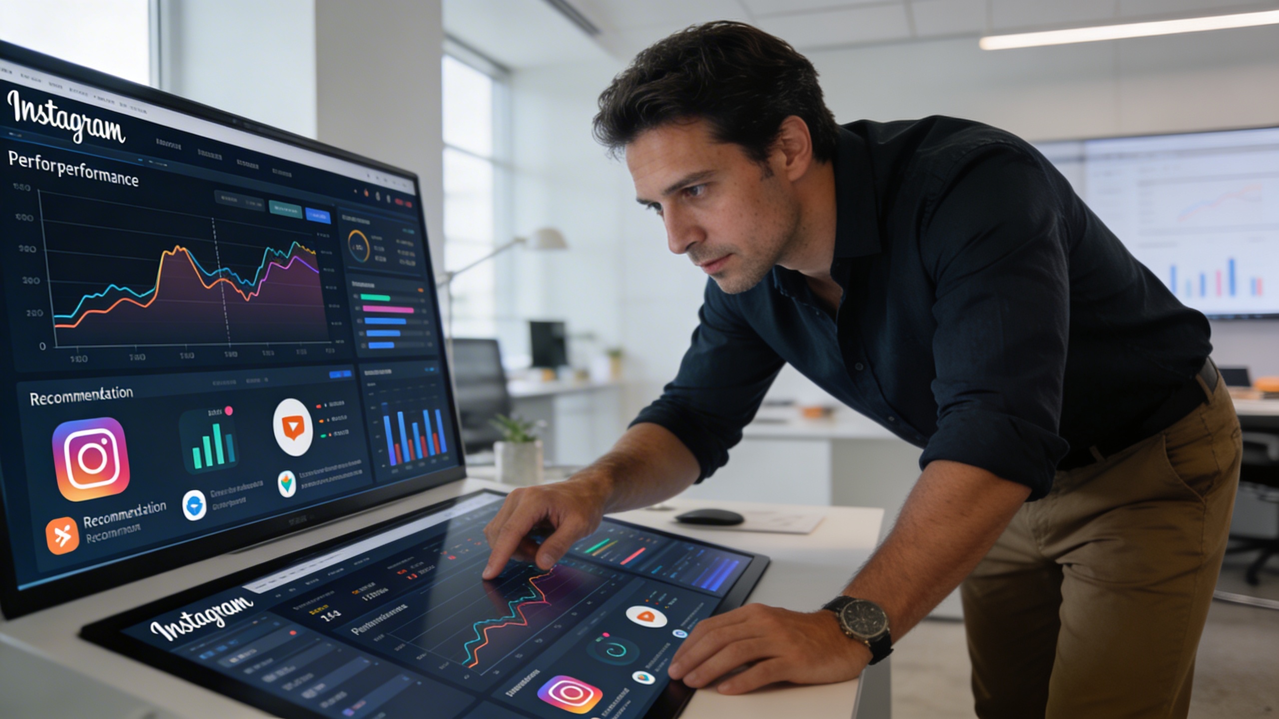 coach analysant un tableau de bord digital complexe avec des graphiques de performance Instagram, des chiffres clés et des recommandations d'optimisation, dans un environnement de travail concentré et moderne, style photo réaliste
