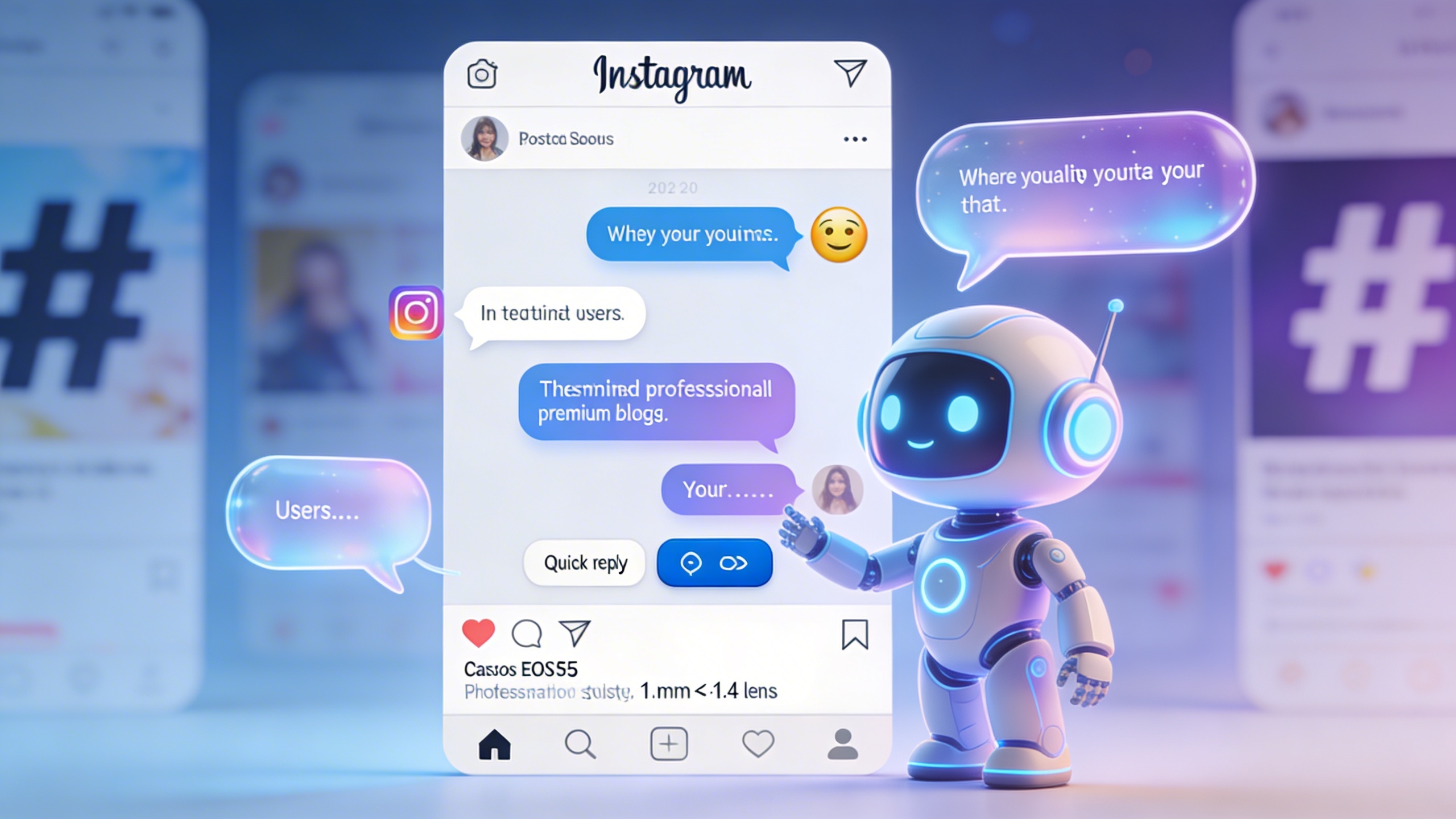 chatbot IA interagissant fluidement avec des utilisateurs sur Instagram via des bulles de conversation, des emojis et des quick replies, dans un style illustration futuriste et convivial, couleurs bleues et violettes