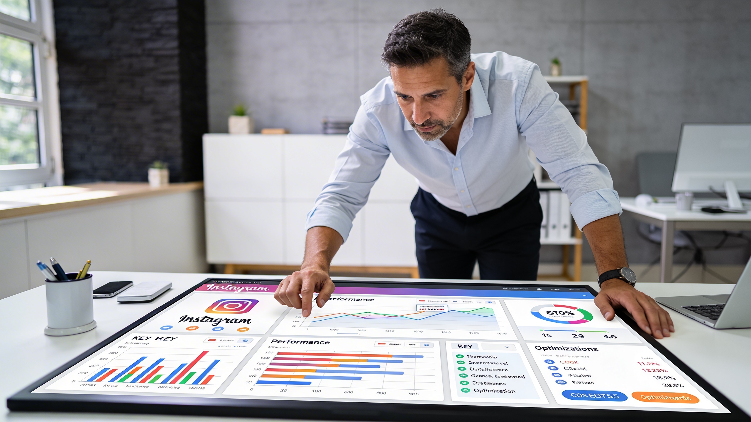 coach analysant un tableau de bord digital complexe avec des graphiques de performance Instagram, des chiffres clés et des recommandations d'optimisation, dans un environnement de travail concentré et moderne, style photo réaliste