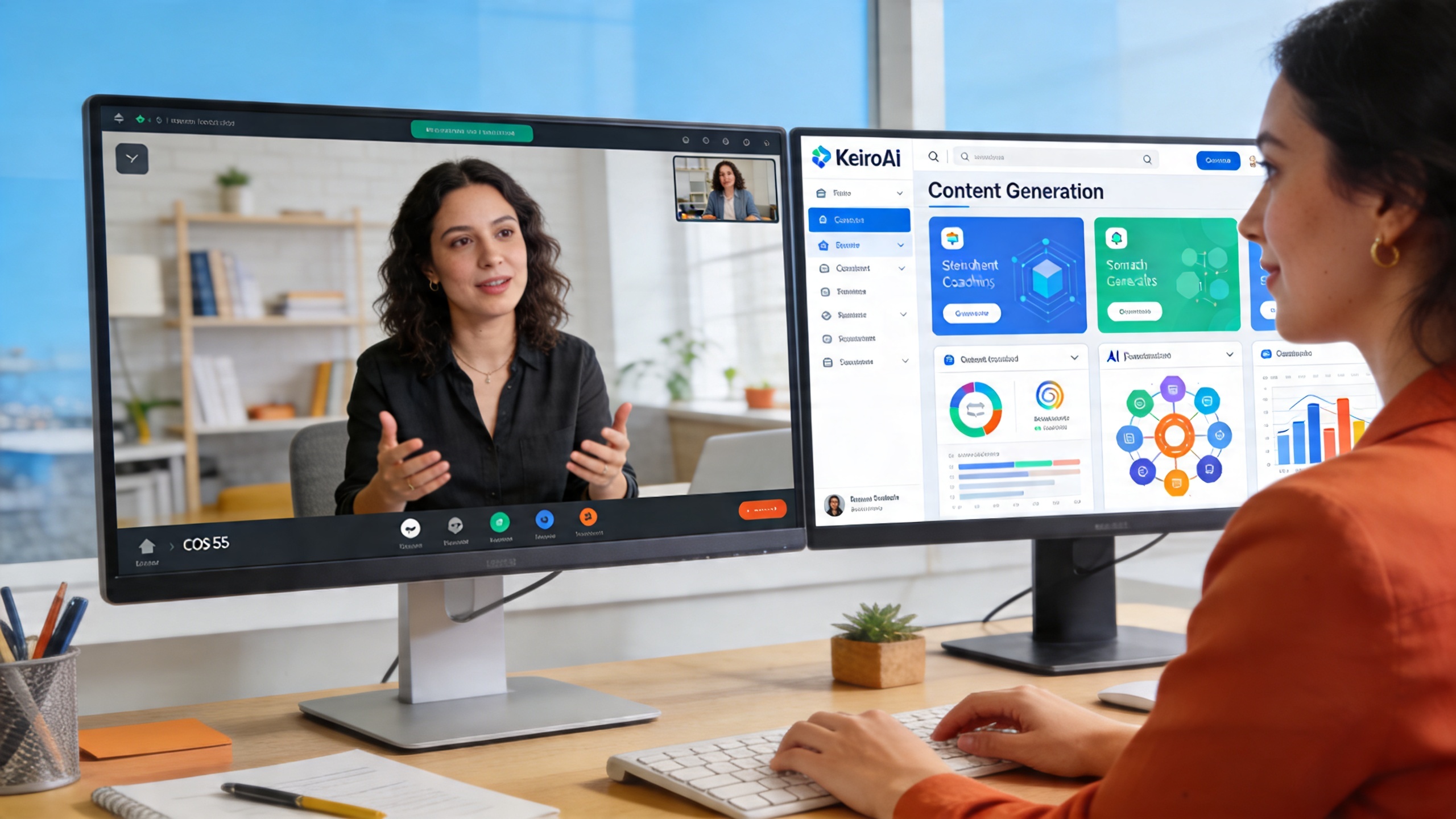 coach en pleine séance de coaching en ligne avec un client, l'écran de l'ordinateur affiche une interface KeiroAI avec des options de génération de contenu, ambiance de travail dynamique et collaborative, style photo réaliste