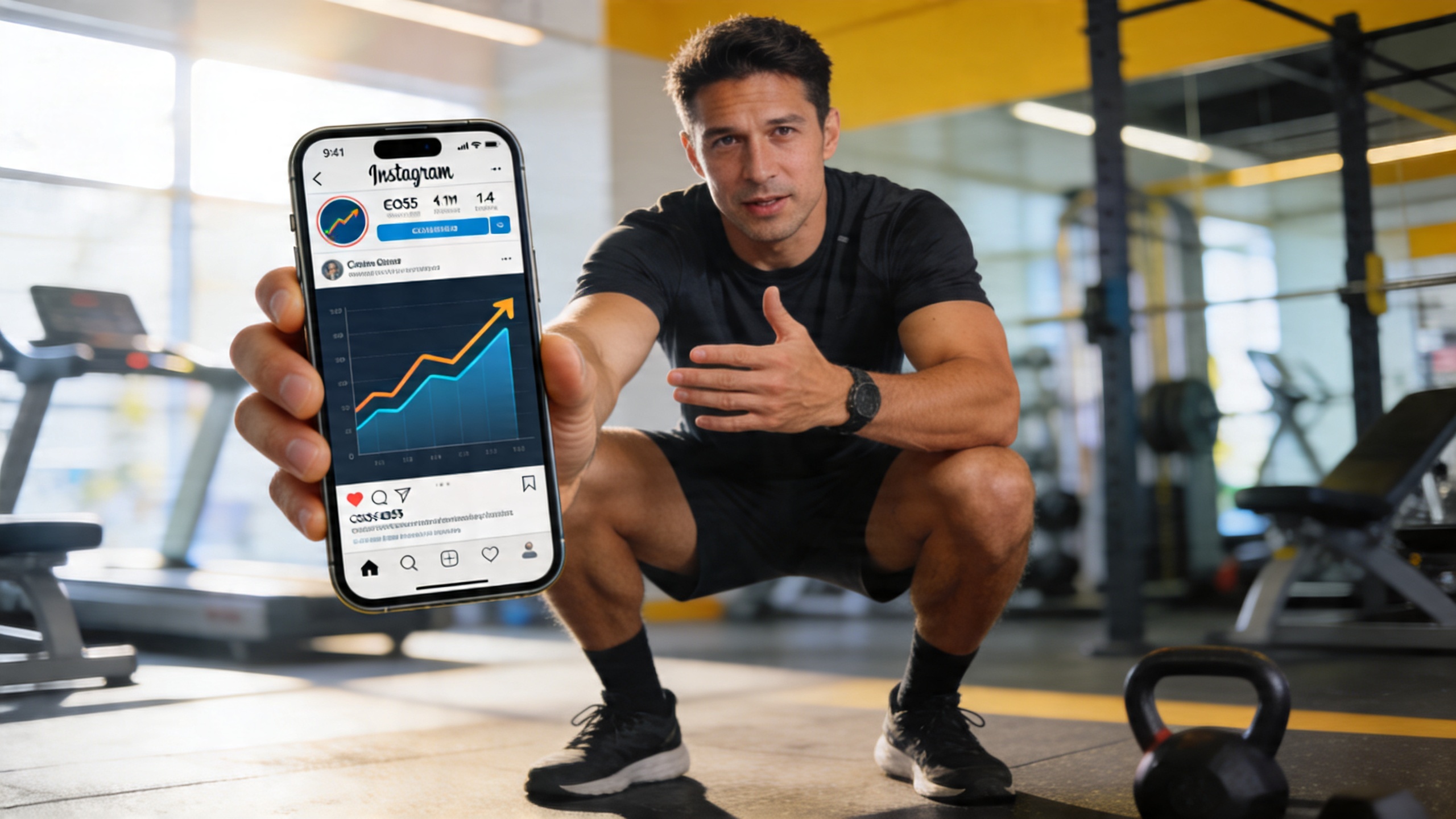 coach dynamique présentant un Reel Instagram sur son smartphone, l'écran montre un graphique de performance en hausse, fond flou d'une salle de sport moderne, lumière vive et énergique, style photo éditorial magazine