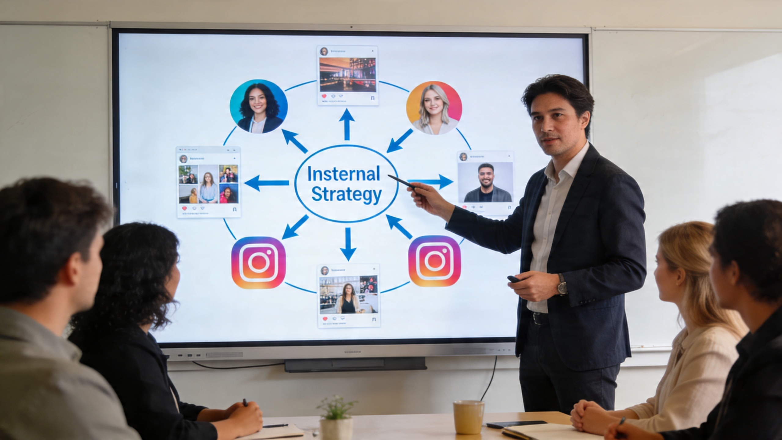 coach consultant en train d'expliquer une stratégie de maillage interne sur un tableau blanc interactif, schémas de flèches reliant différents posts Instagram, ambiance de séminaire de formation, style photo réaliste