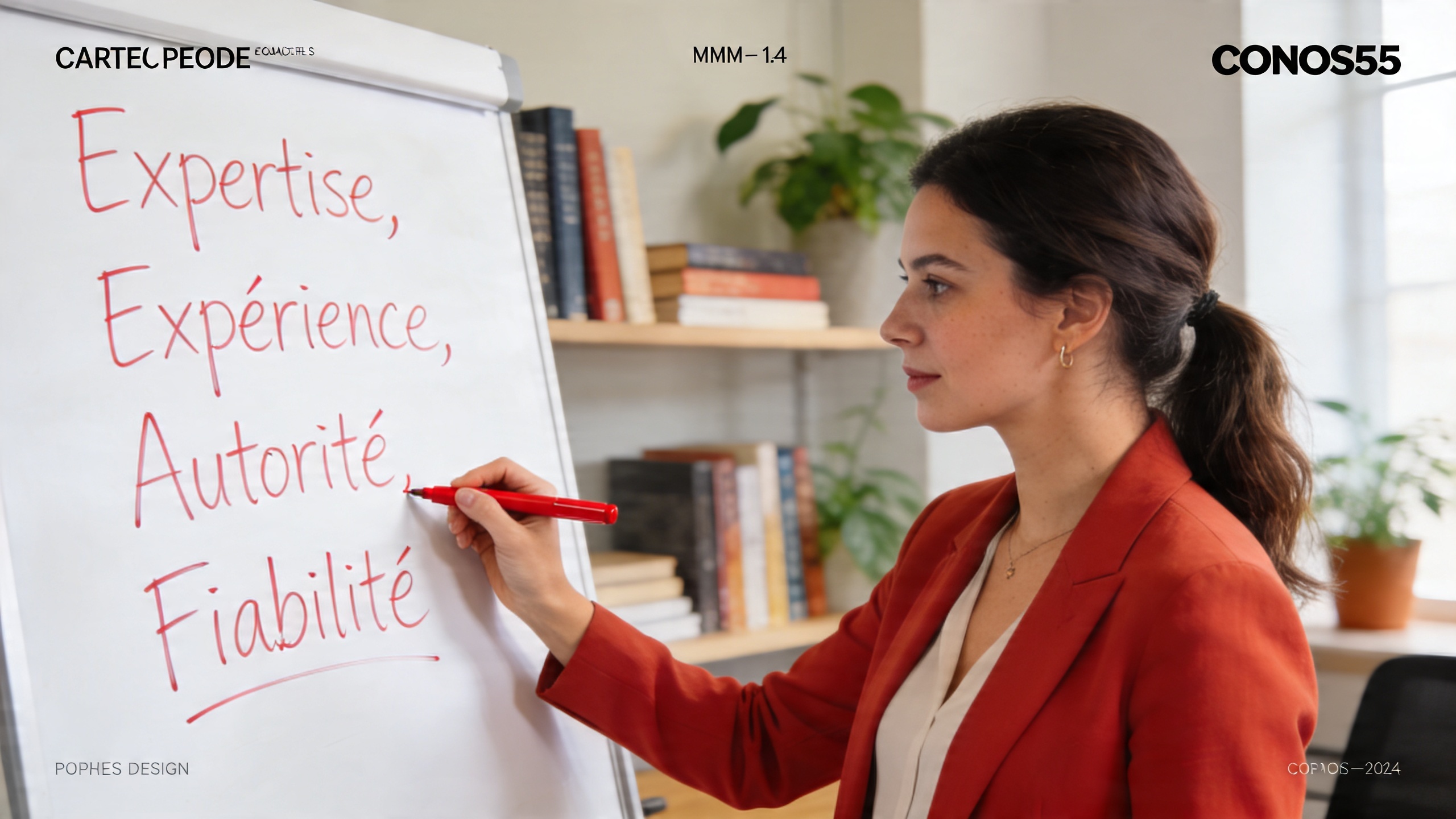 coach en train d'écrire sur un tableau blanc des mots-clés liés à l'E-E-A-T (Expertise, Expérience, Autorité, Fiabilité) avec un stylo rouge, ambiance de bureau moderne et studieuse, style photo réaliste