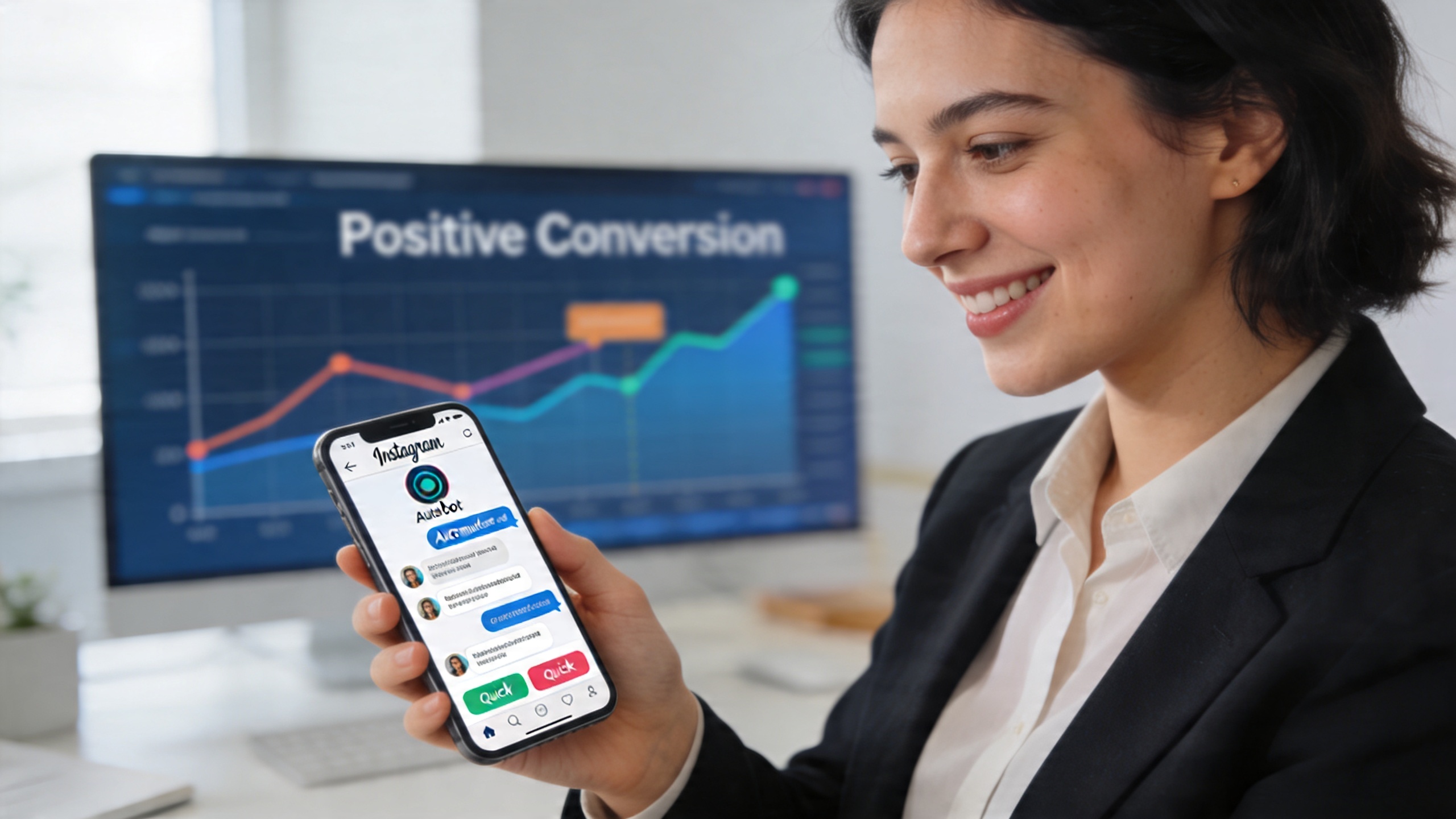 coach consultant souriant regardant son smartphone, l'écran affiche une interface de chatbot Instagram avec des conversations automatisées, un graphique de conversion positive en arrière-plan, ambiance de bureau moderne, style photo réaliste