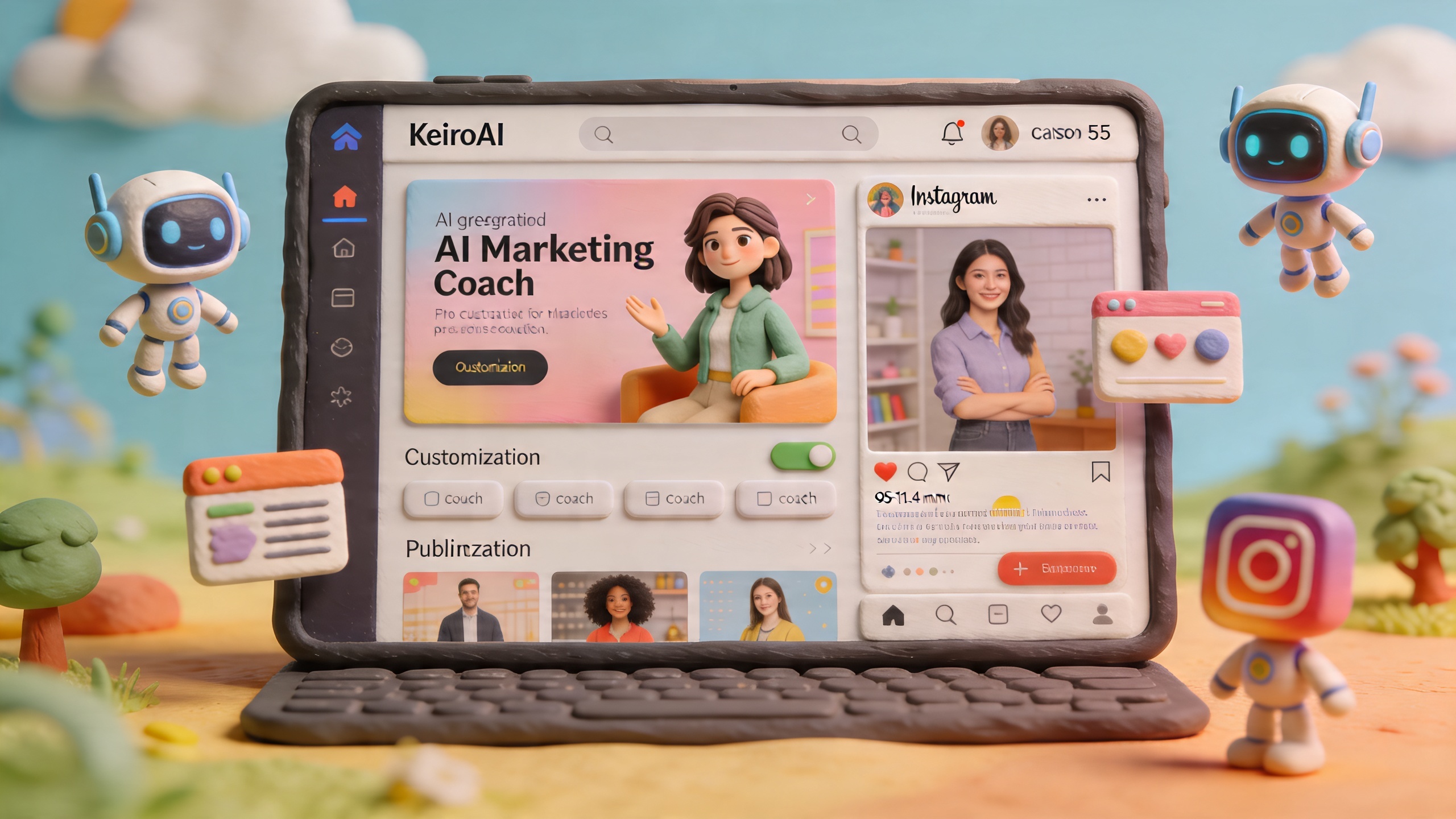 interface utilisateur de KeiroAI montrant des visuels marketing générés par IA pour un coach, avec des options de personnalisation et de publication, ambiance futuriste et technologique, style illustration 3D clay