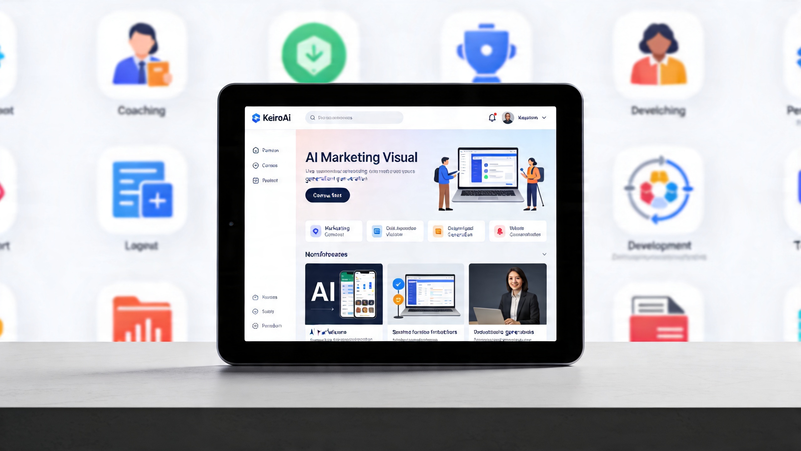 Tablette affichant l'interface de KeiroAI, montrant des options pour générer des visuels marketing par IA, avec des icônes d'outils de coaching et de développement personnel en arrière-plan flou, style minimaliste et moderne, couleurs douces
