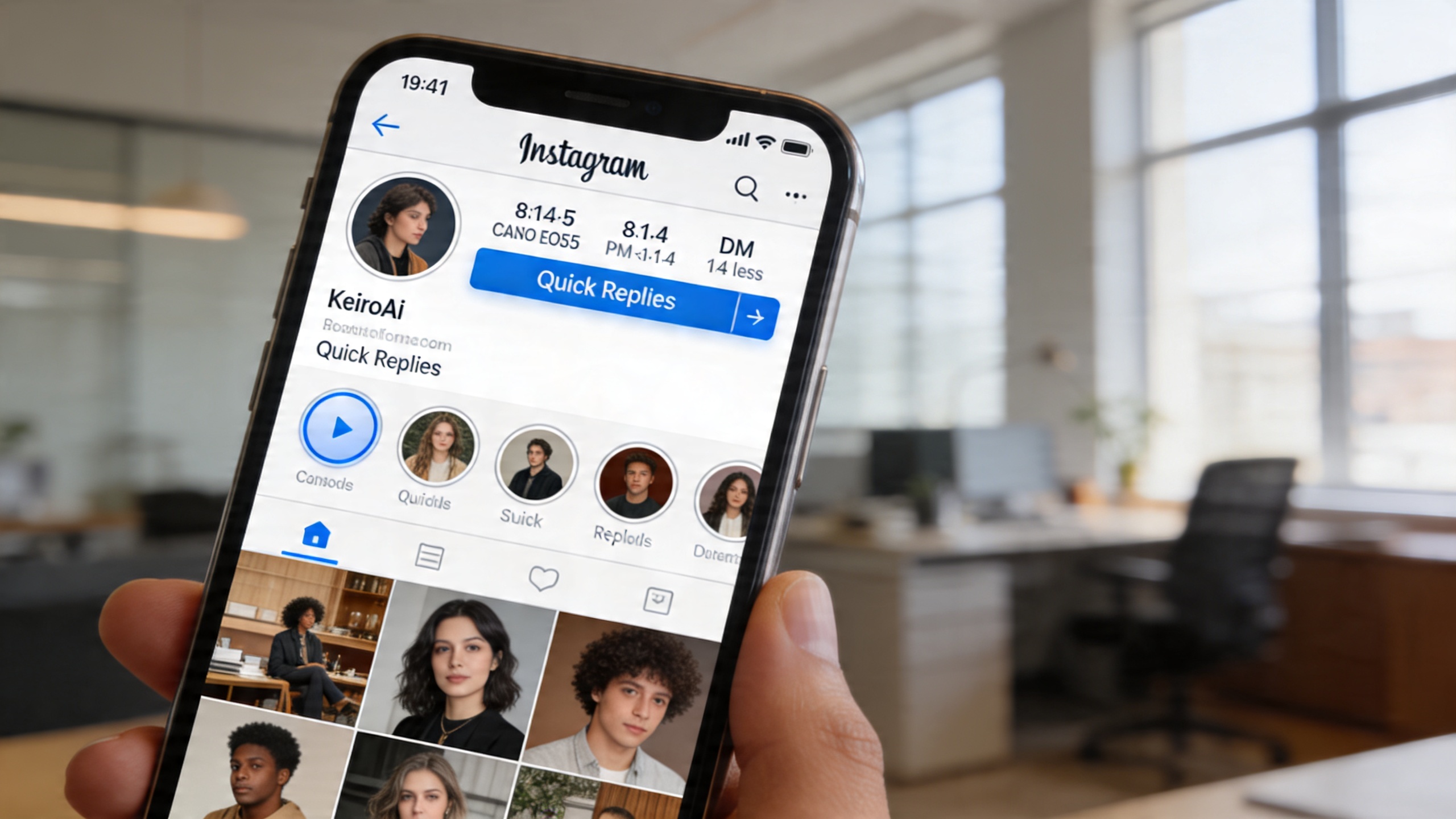 Gros plan sur un smartphone affichant un DM Instagram de KeiroAI avec des 'Quick Replies' interactives ('Réserver ma séance', 'Voir les tarifs'), dans un environnement de bureau élégant et minimaliste, style photo réaliste, lumière douce, accent sur l'interface utilisateur